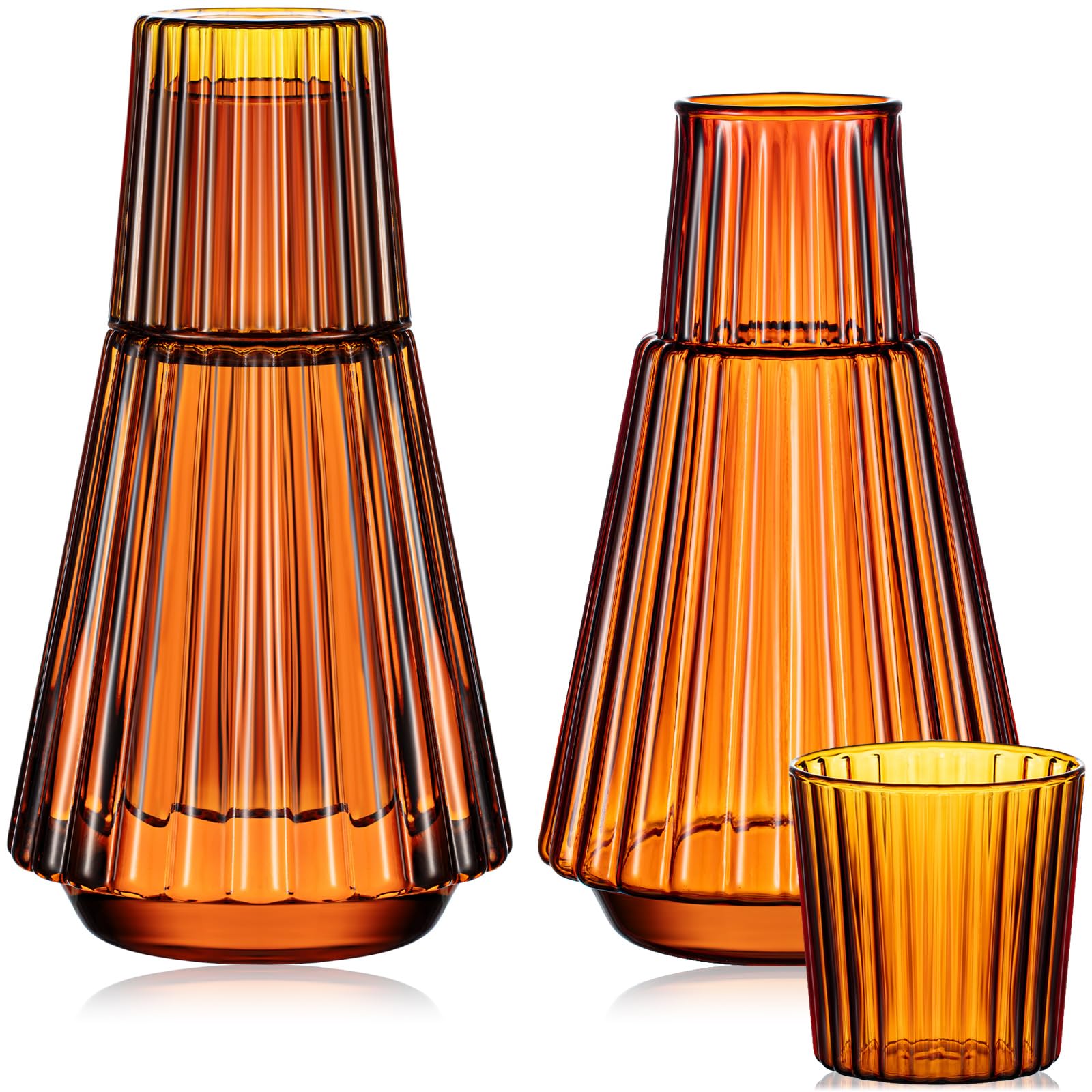 Uiifan 2 Sets 34 oz Striped Glass Bedside Carafe Set Vintage Bedside Water Carafe with Tumbler Amber Night Stand Water Glass with Cup Decanter with Classic Ribbed Pitcher