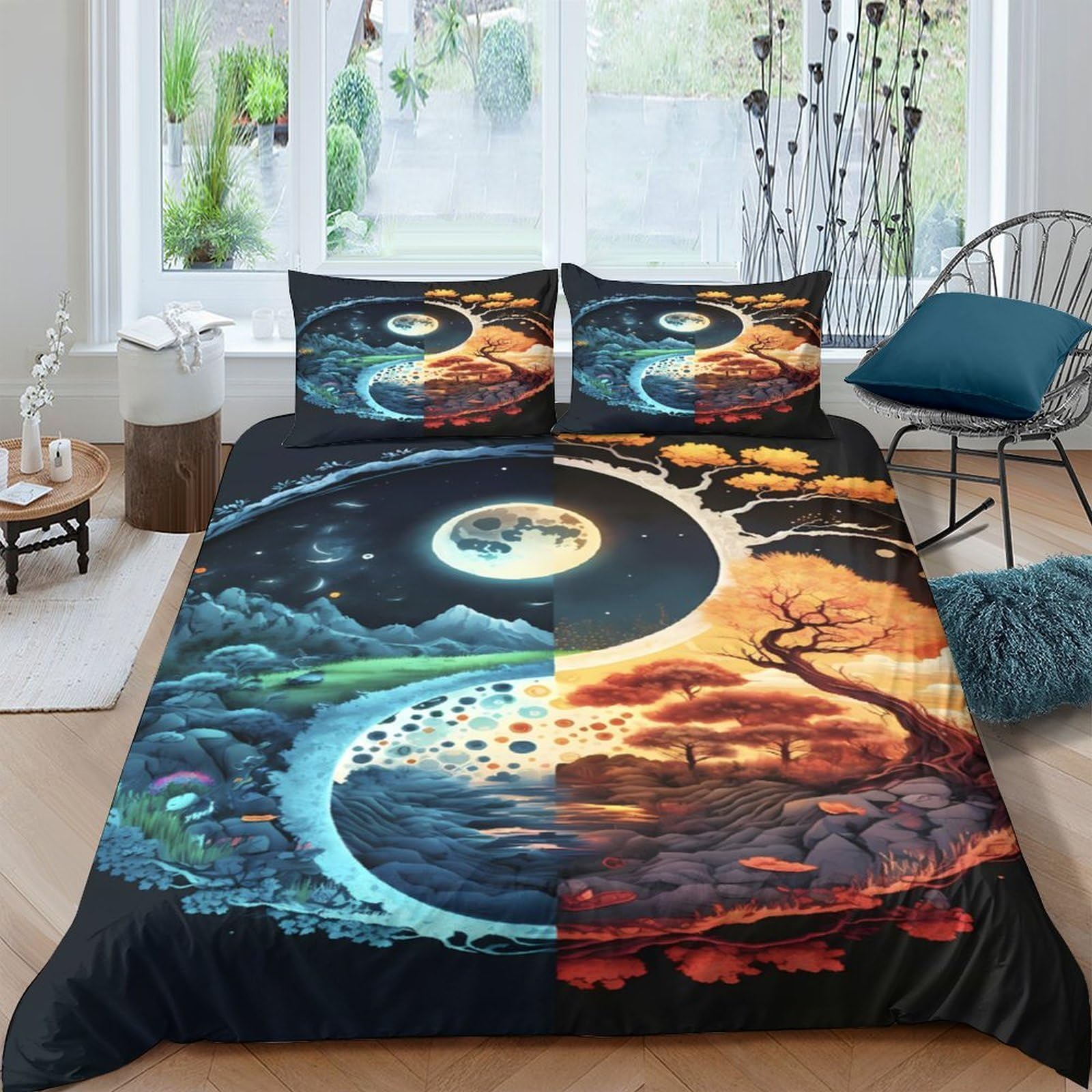 Ctjqhvkz Style-3 3D Printed Yin Yang Tree Fitted Sheet Microfiber Moon Sun Bed Cover For Bedroom Dorm Mattress Protection Decor Single（135X200cm）