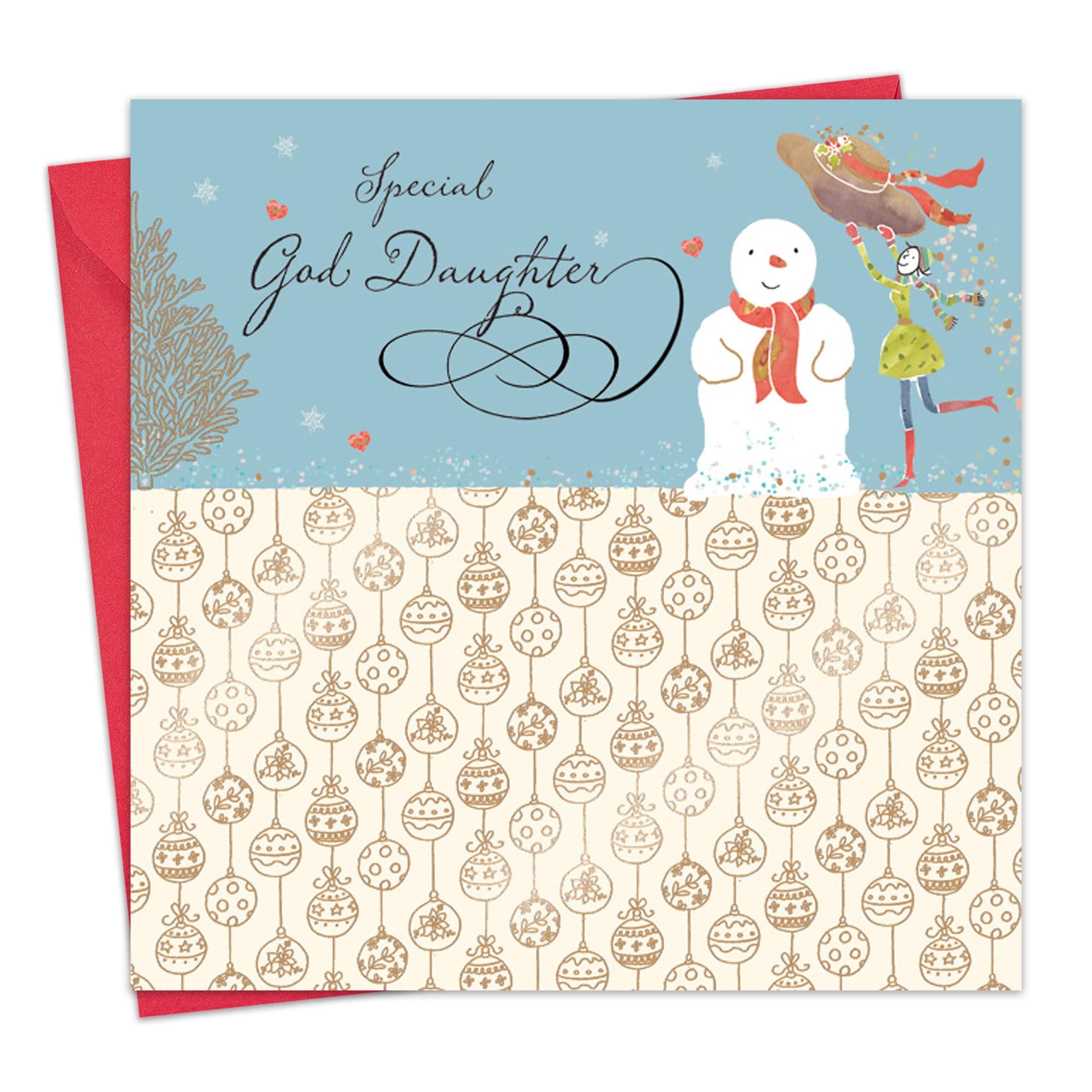 Twizler Happy Christmas Card for God Daughter with Gold Foiling, Snowman and Festive Baubles - Merry Christmas Card for Goddaughter - Female Xmas