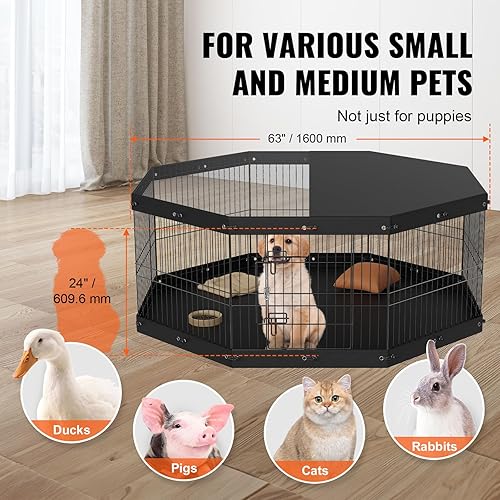 Miniatura 6 de VEVOR Corralito plegable de metal para perros, valla para mascotas para acampar con cubierta superior y almohadilla inferior, 8 paneles de 24