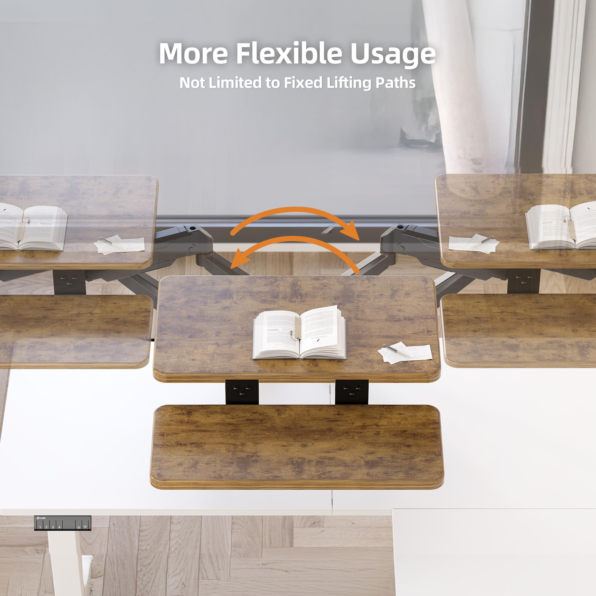 Claiks 61 cm Sitz-Steh-Arbeitsplatz, innovativer platzsparender, höhenverstellbarer ergonomischer Schreibtischkonverter mit breiter Tastaturablage, doppelter Fixierung und flexibler Drehfunktion