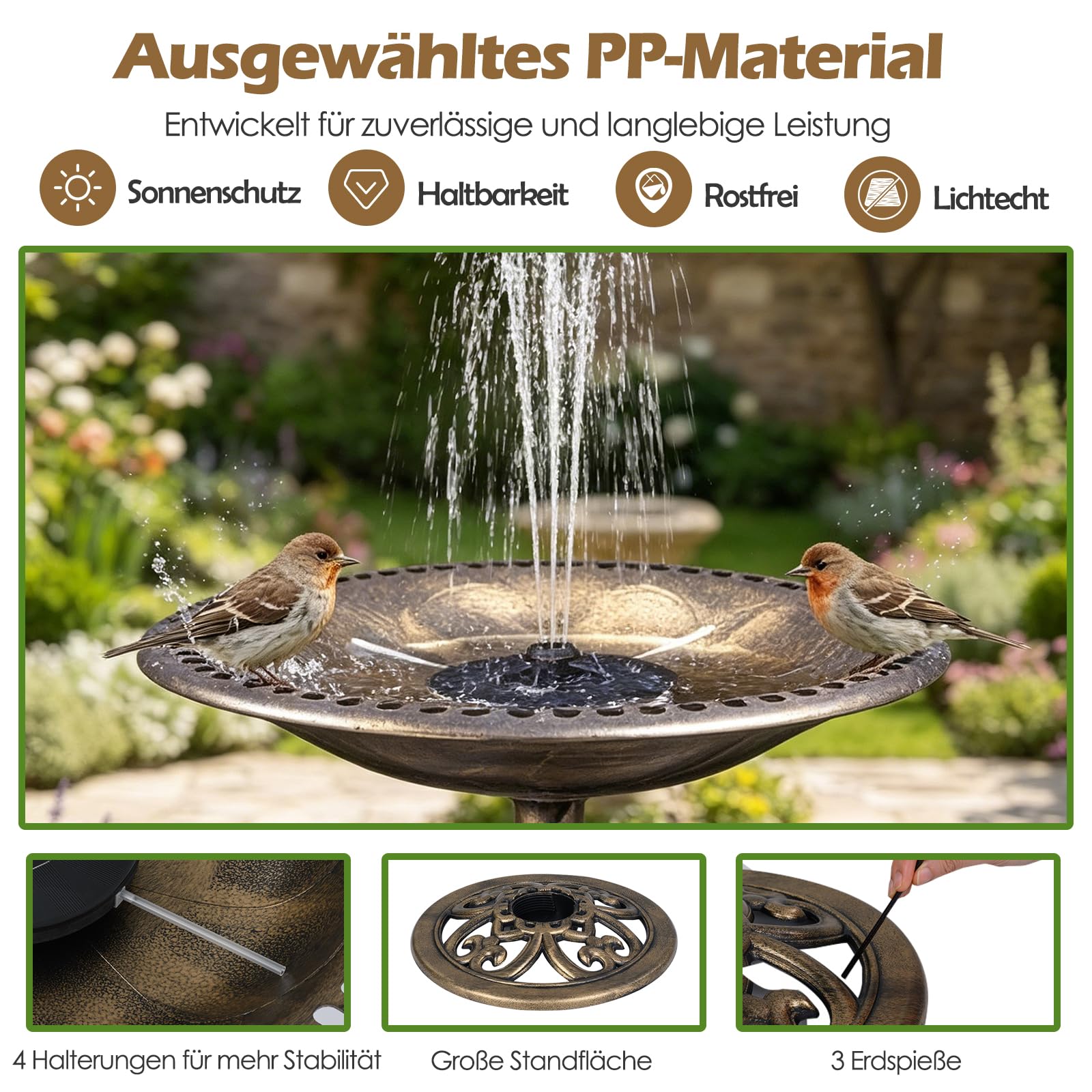 GYMAX Vogeltränke stehend, 2-in-1 Vogelbecken mit Solar-Springbrunnen, Vogelbad Garten mit Blumenkübel & befüllbarem Ständer, Vogelfutterstelle, Futterstation für Balkon & Garten