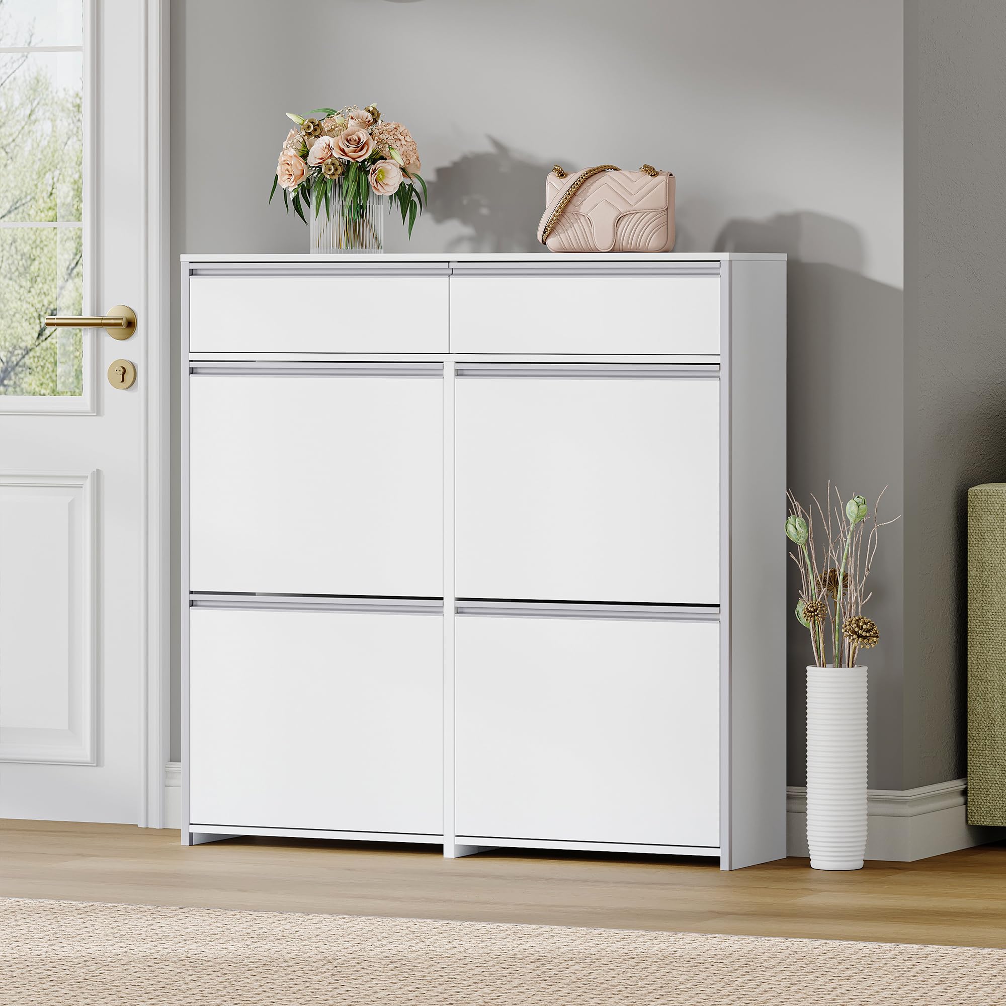 HEXCELEN Meuble à Chaussures avec 4 Battants, 16 à 24 Paire, Blanc-Argent | Étroit Étagère à Chaussures avec Tiroir, Meuble à Chaussure, Séparateur Réglables, pour Couloir, Entrée, 100 x 24 x 99 cm