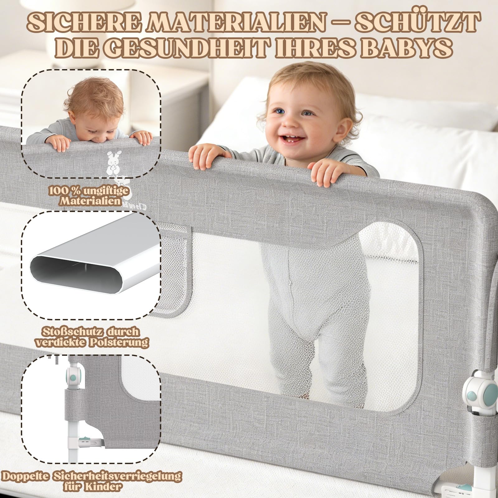 Protezione contro le cadute, letto a molle, 180 cm, griglia di protezione per il letto per neonati e bambini, protezione dalle cadute, pieghevole a 180°, regolabile in altezza, rete traspirante