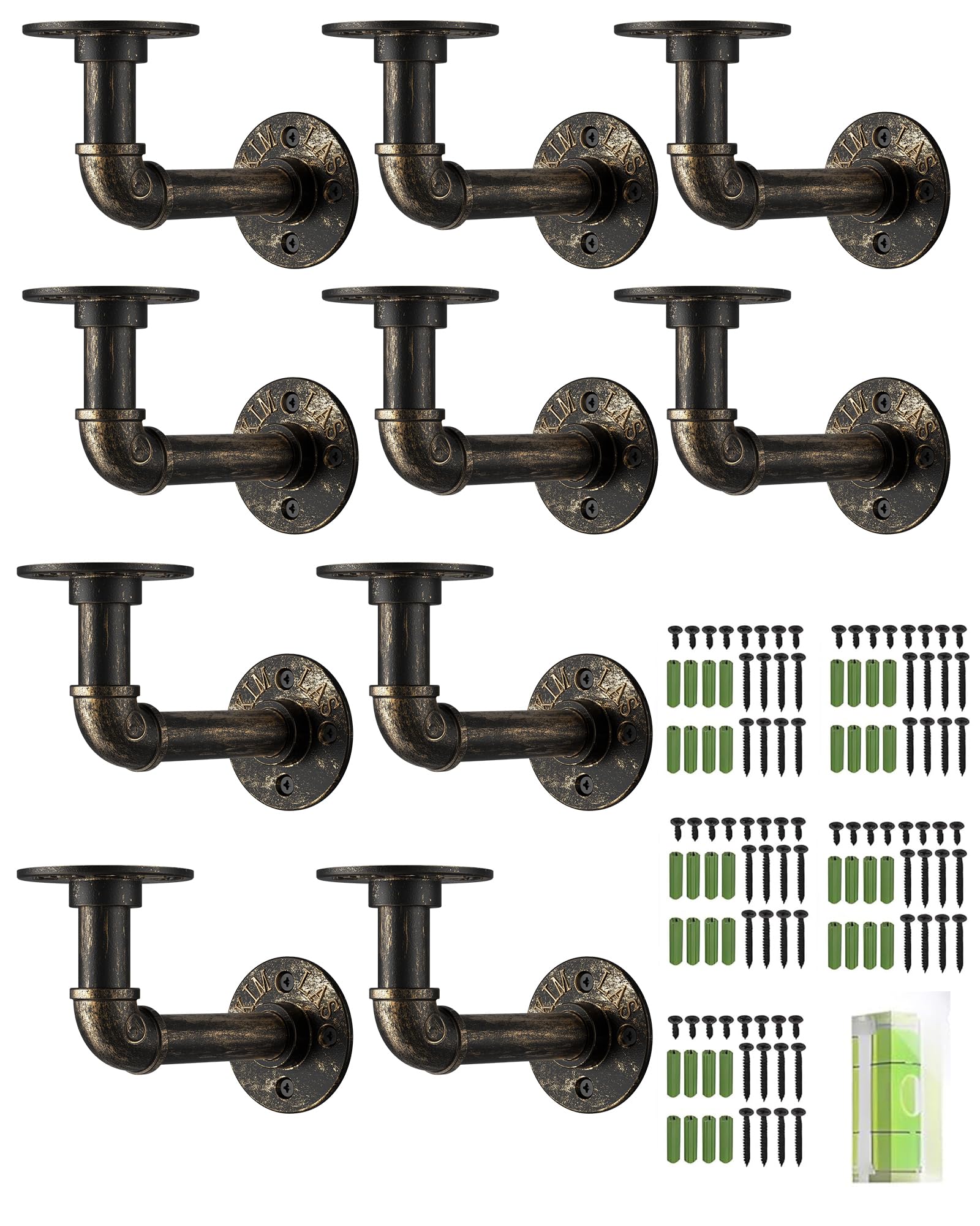 HOMGEN Paquete de 10 soportes de estante de tubería industrial flotante, soporta 25 kg, soportes resistentes con accesorios de tornillo, soportes de pared de hierro para estanterías, andamios (15 x 8