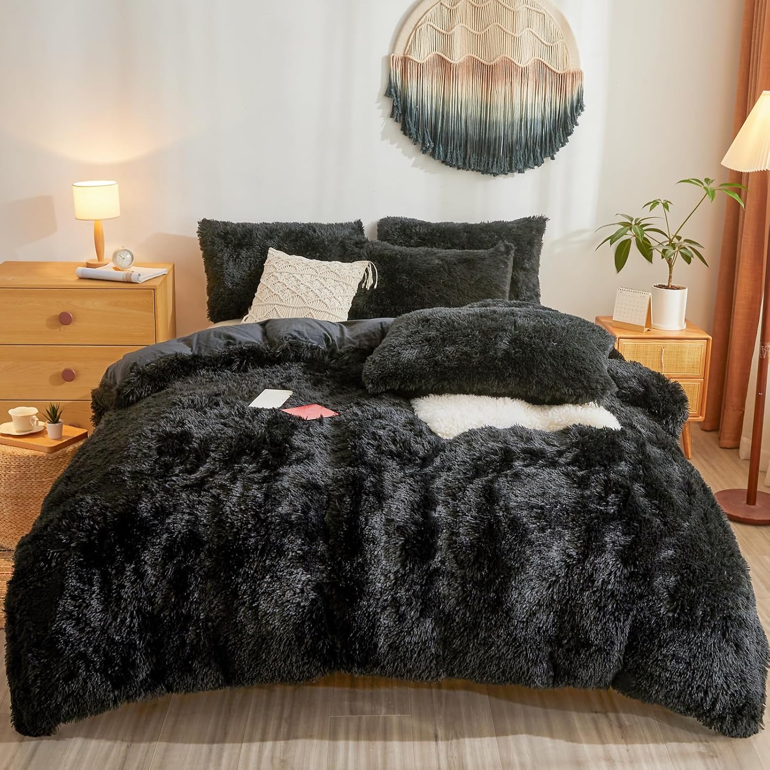 Black Faux Fur Pillow Covers, Fuzzy Fluffy Plush Furry Shaggy Pillow Cases for Bedroom décor, Soft Black Pillow Covers 26"x20" with Zipper Closure, Decorative Set of 2 - Image 9