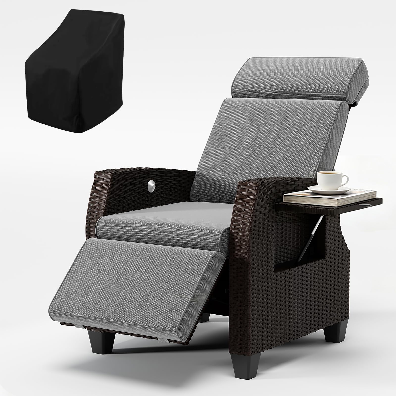 Fiutazge Tumbona de Ratán Respaldo Regulable con Cojín,Funda Protectora,Tumbona de Jardín,Fácil Limpieza Fundas Intercambiables,Silla de jardín,para Patio Terraza-Gris