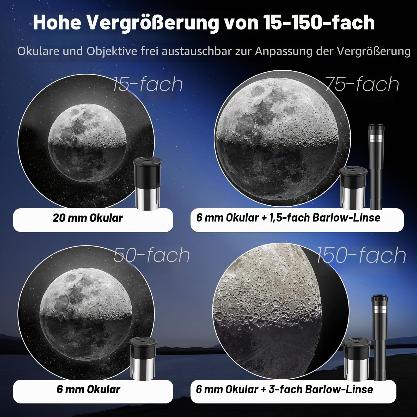 Astronomisches Teleskop Refraktor 70/300 mm, FMC Hohe Übertragung, Vergrößerung 15-150X, verstellbares Stativ, Telefonhalterung & Bluetooth-Fernbedienung, für Anfänger in der Astronomie, Erwachsene