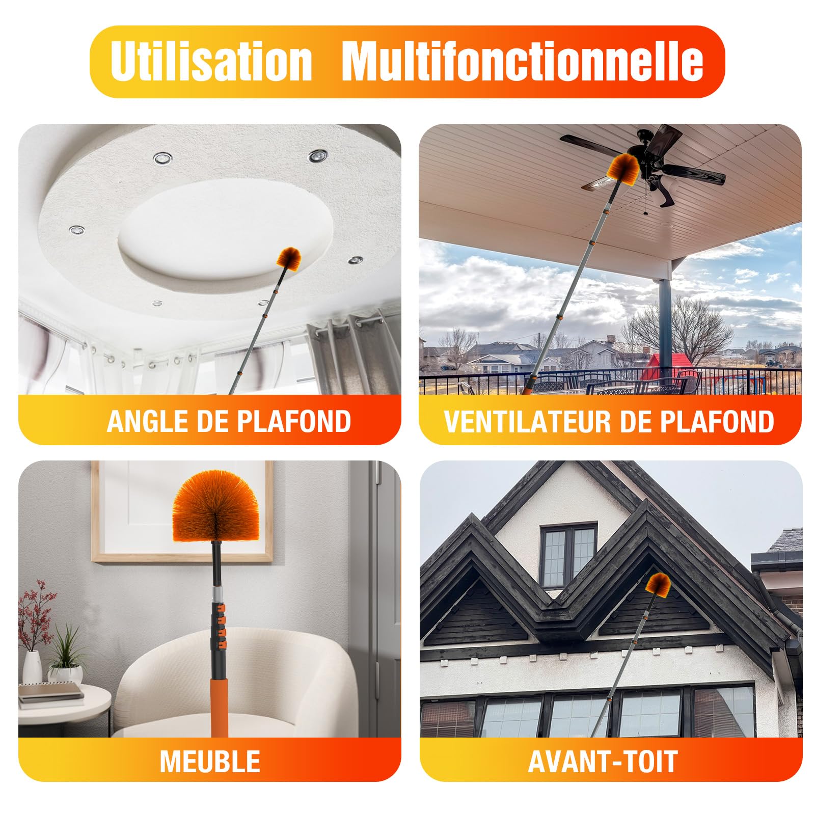 LAANPOLE Plumeau Poussiere 6m avec Perche Télescopique, Plumeau Telescopique pour Nettoyage, Tete de Loup pour Plafonds et Coins - Usage Intérieur/Extérieur
