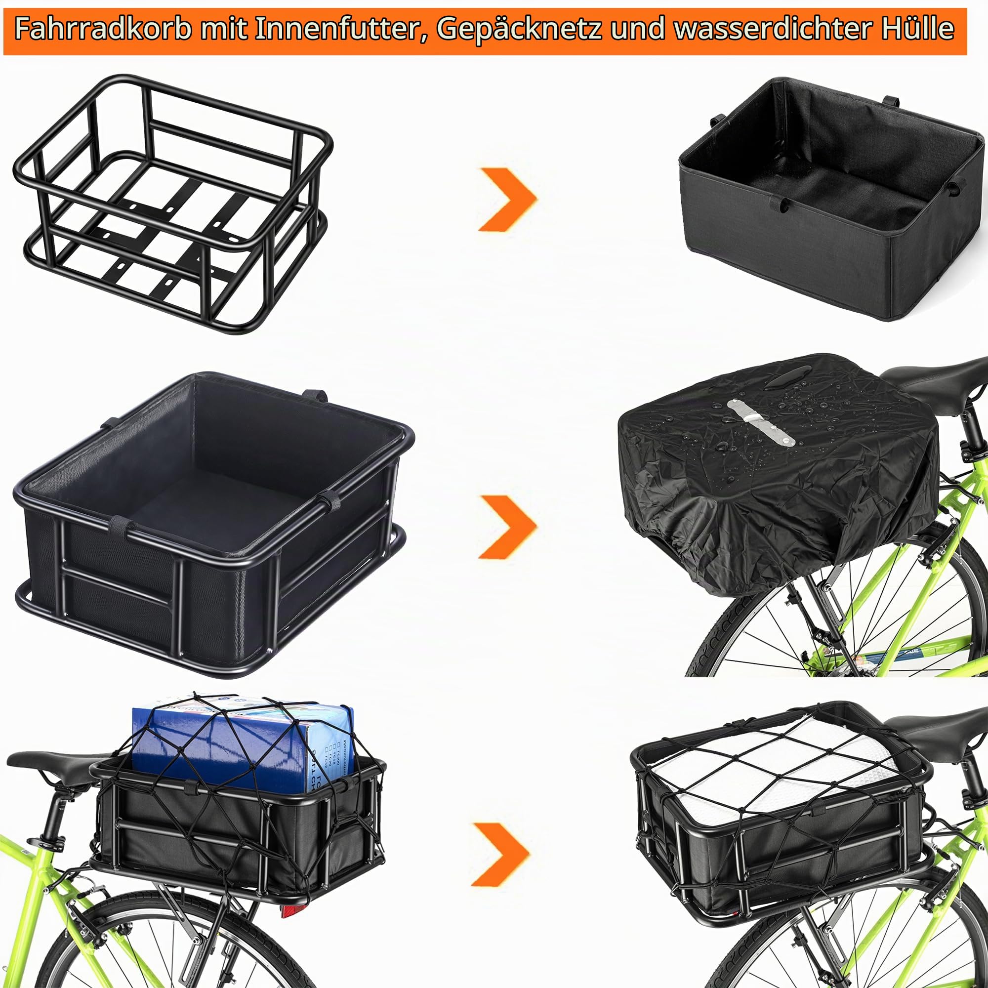Fahrrad‑Hinterkorb,46 * 33 * 15CM，mit Einlage & Netz