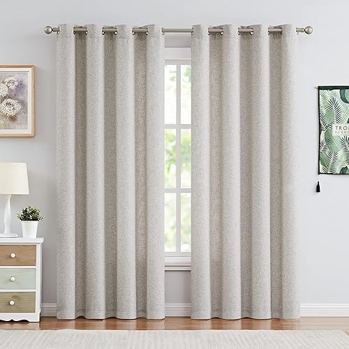 Miniatura 2 de Jinchan Cortinas de arpillera con ojales para ventana, de filtración de luz, para dormitorio, 2 paneles, lino, Beige