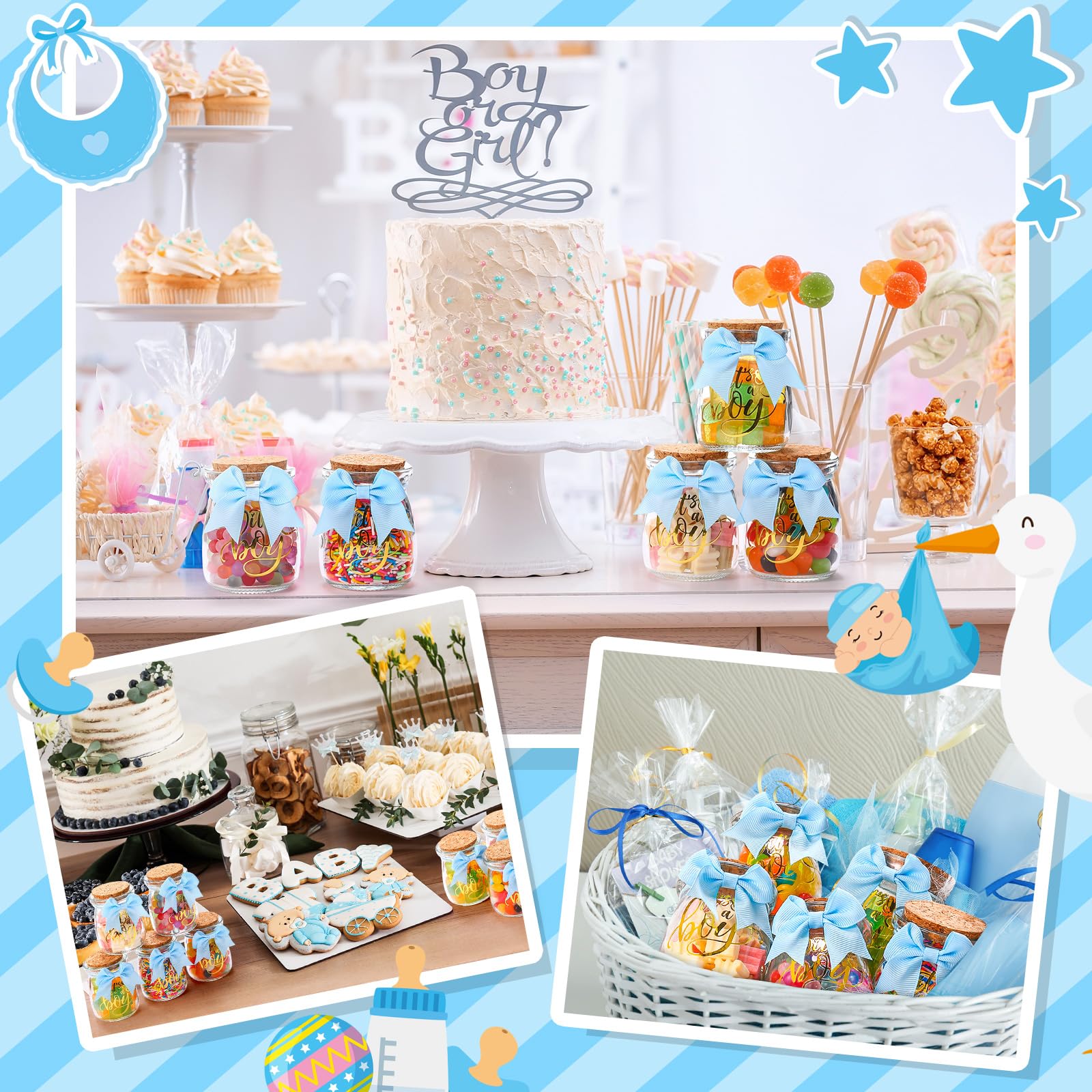 Funnymoom Glasflaschen für Babypartys, 100 ml, Milchglas mit Bändern und Aufklebern, Dekorationen für das Geschlecht, für Neugeborene, Partygeschenk, Blau, 24 Sets