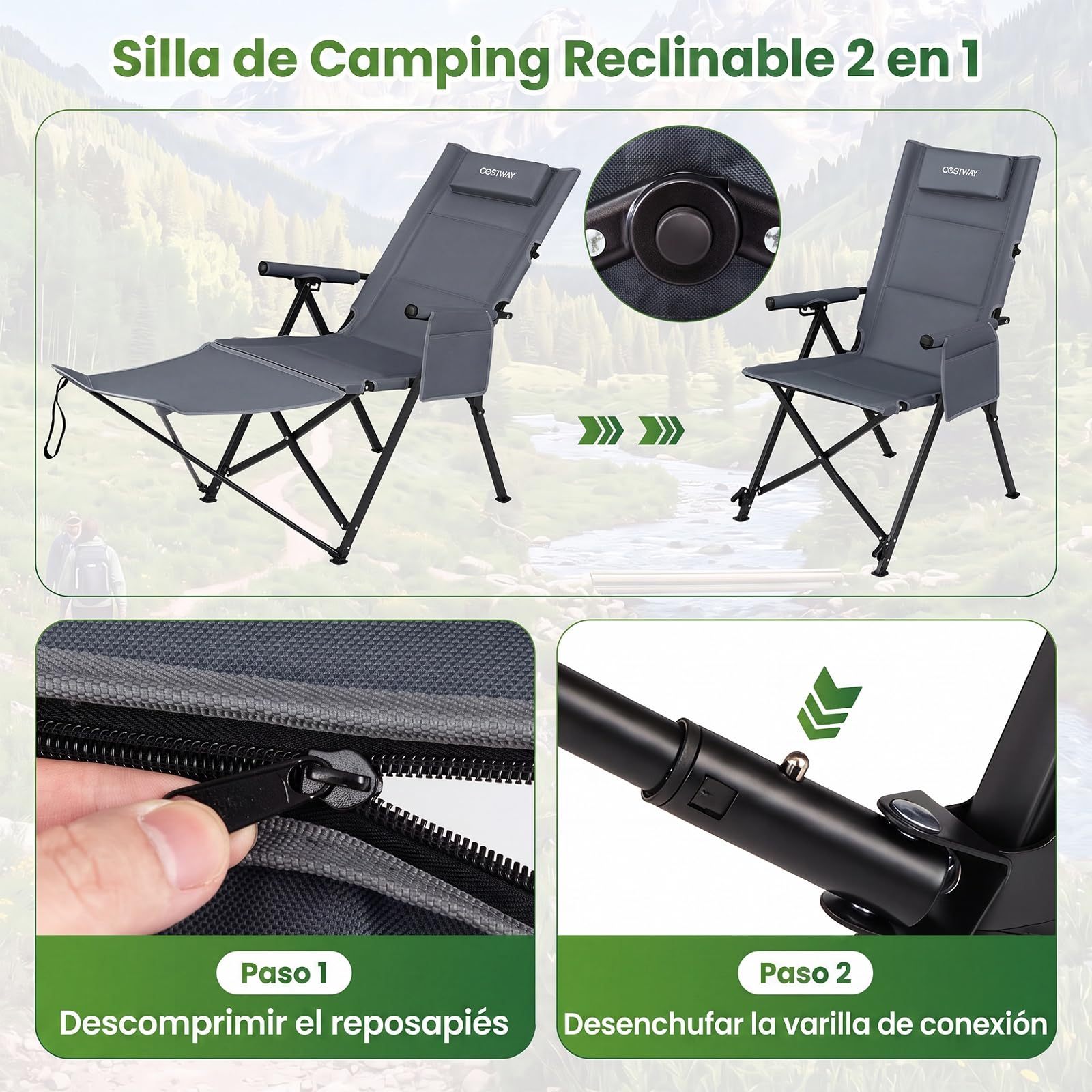 COSTWAY Silla Plegable Camping con Reposapiés Desmontable (Gris) | Tumbona Reclinable con Respaldo Ajustable de 4 Niveles, Reposacabezas, Bolsillo Lateral, Bolsa de Transporte, Jardin Playa Pi
