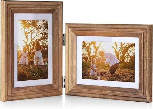 Portarretratos de madera doble con bisagras de 5 x 7 pulgadas, vertical y horizontal, en veta de madera envejecida, pantalla de 4 x 6 pulgadas con