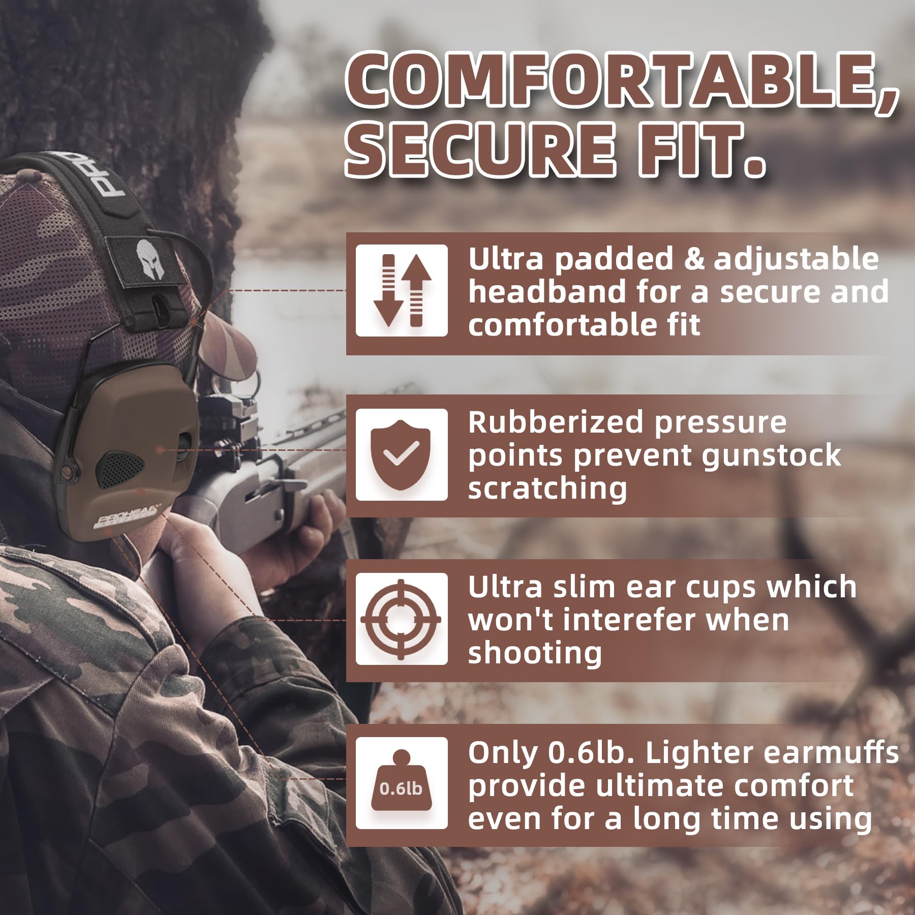 PROHEAR 2 Pack Electronic Ear Protection for Shooting with 4X Sound Amplification, Gun Range Hearing Protection Muffs, NRR 23dB Noise Reduction Headphones for Hunting, Green and Brown