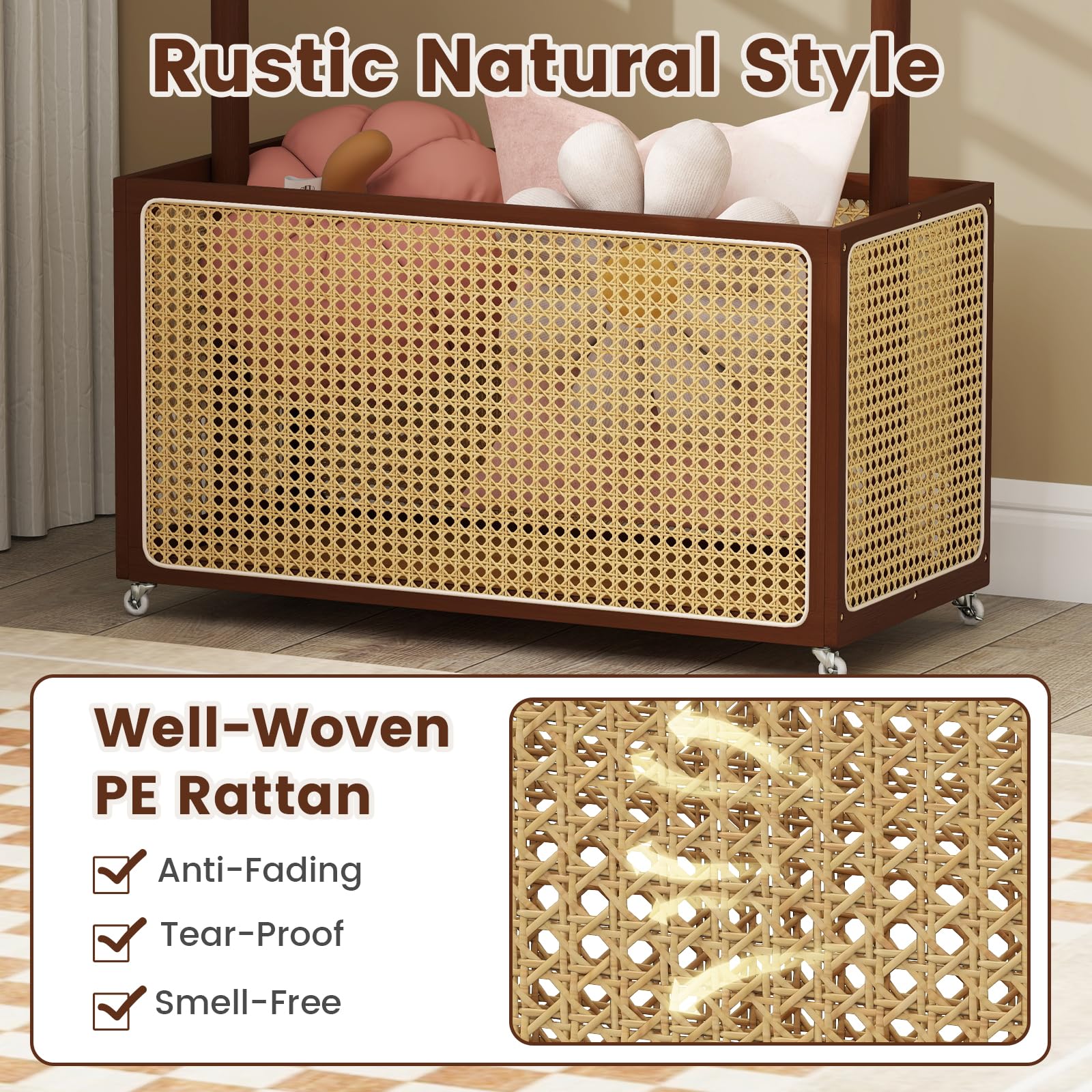 GIANTEX Burro Ropa con Ruedas, Perchero de Pie de Bambú con Cesta de Almacenamiento de Ratán y Barra de Colgar, Estilo Rústico, 100x32,5x172cm, Organizador de Ropa para Entrada, Dormitorio (Marrón)