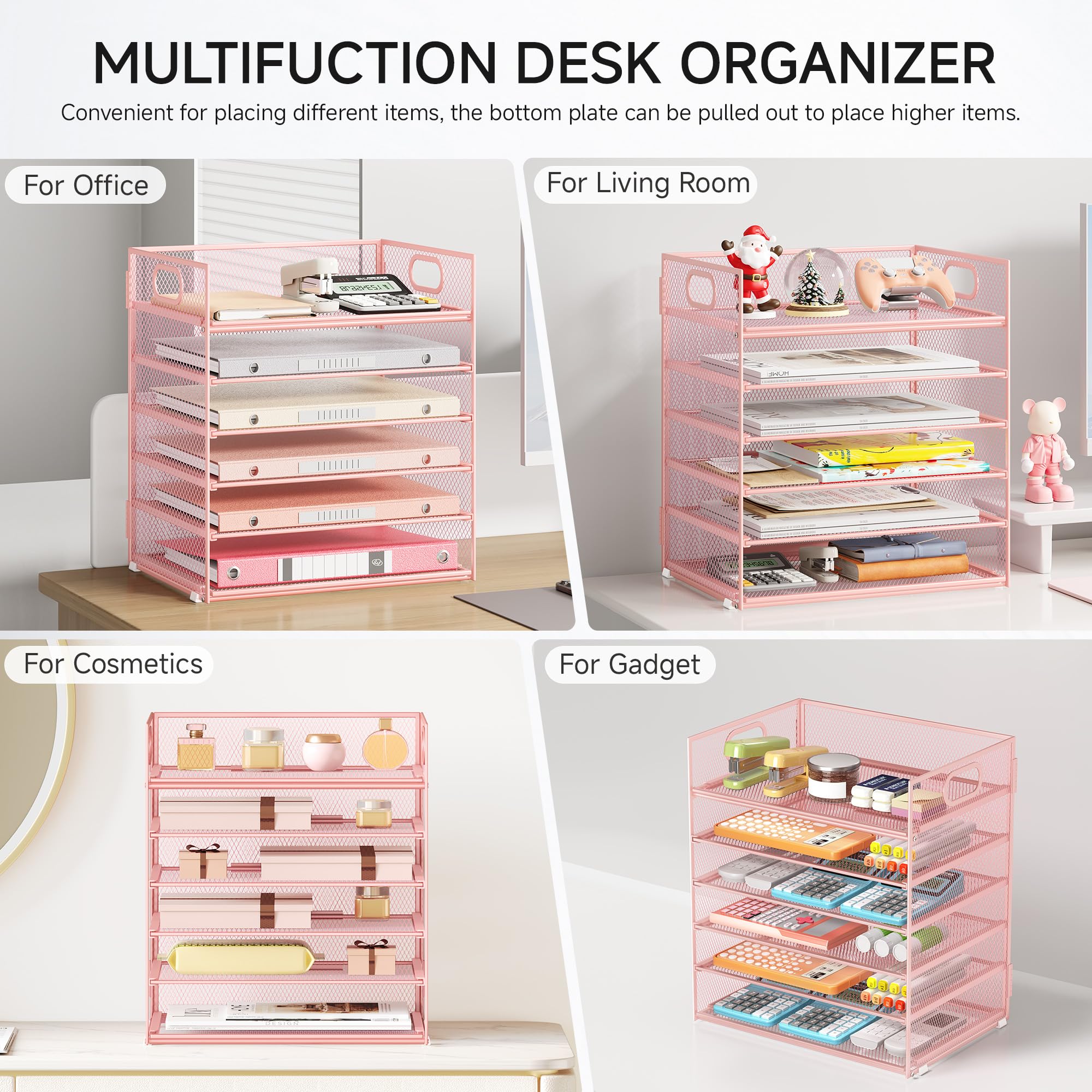 VITVITI bureau-organizer, 6 niveaus brievenbak, stapelbare dossierhouders, opbergvakken met handvat, kantoorbenodigdheden voor A4-documenten, papier, boeken, tijdschriften (Roze