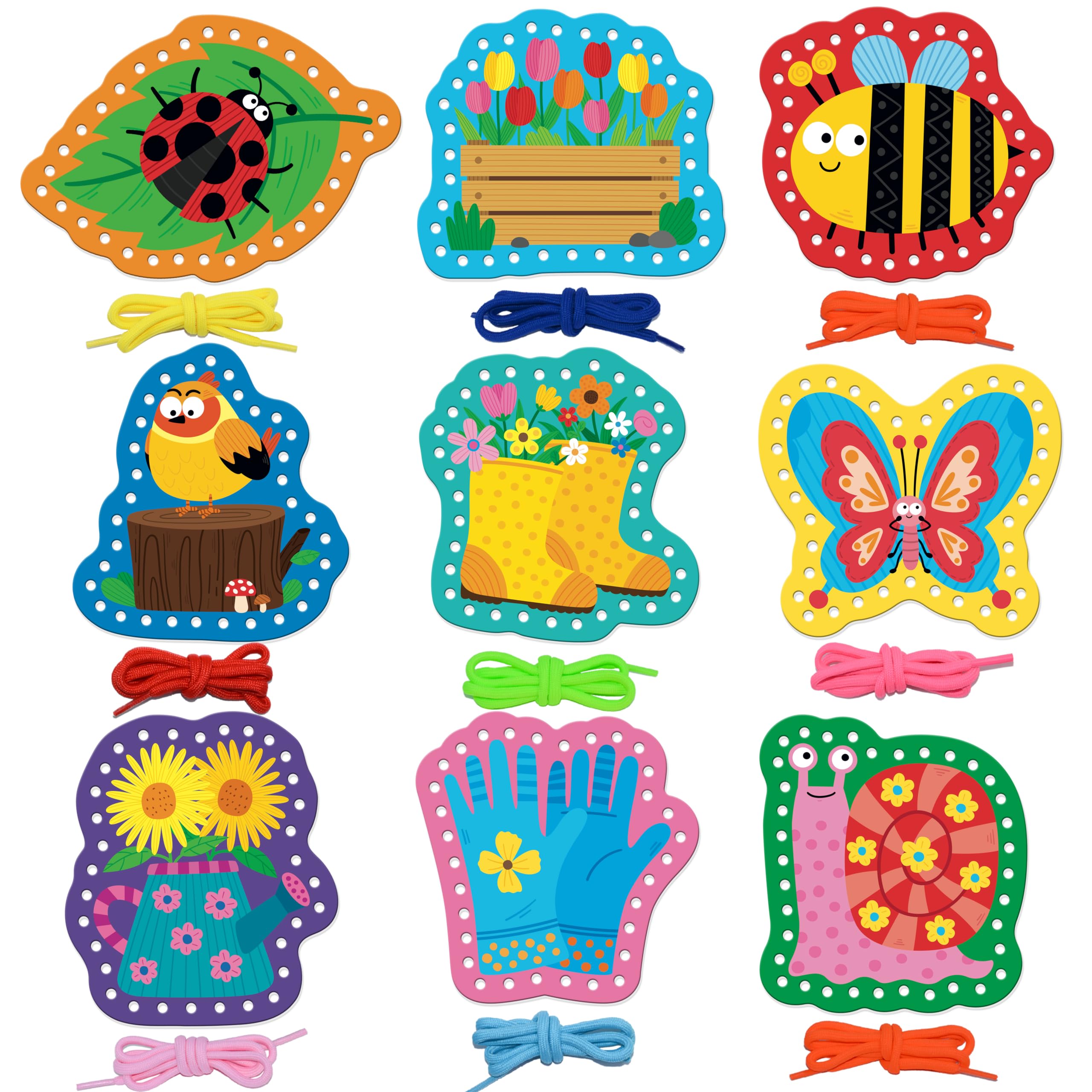 Kids Lacing Cards, 9 PCS Double-sided Garden-themed S Cards with 9 Laces