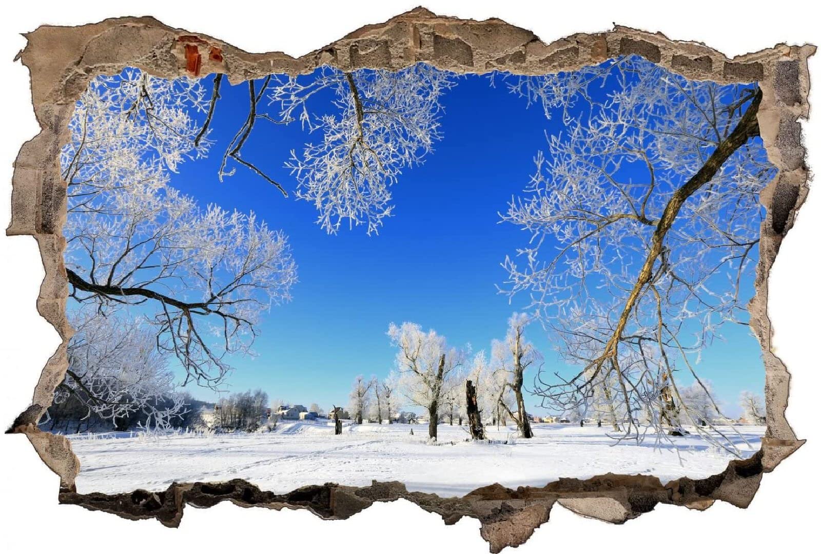 Pegatinas Vista de Efecto 3D Efectos Paisaje de invierno de la Agrietada Pared Decorativos Calcomanías de Pared de Vinilo Extraíble para Sala de Estar, Dormitorio 80x120cm