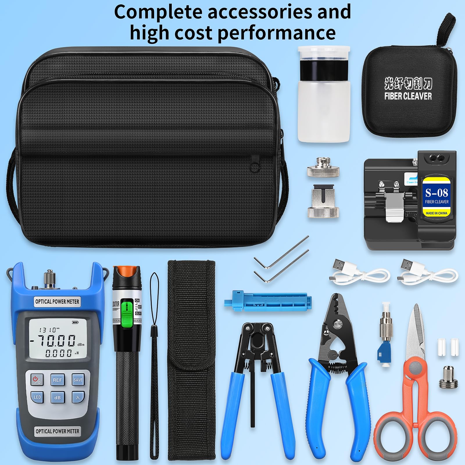 FTTH - Kit de terminales de fibra para soldadura en frío y caliente S-08 con carga azul A-C710A medidor de potencia óptica -70~+10dbm equipado con kit de herramientas de fibra óptica recargable