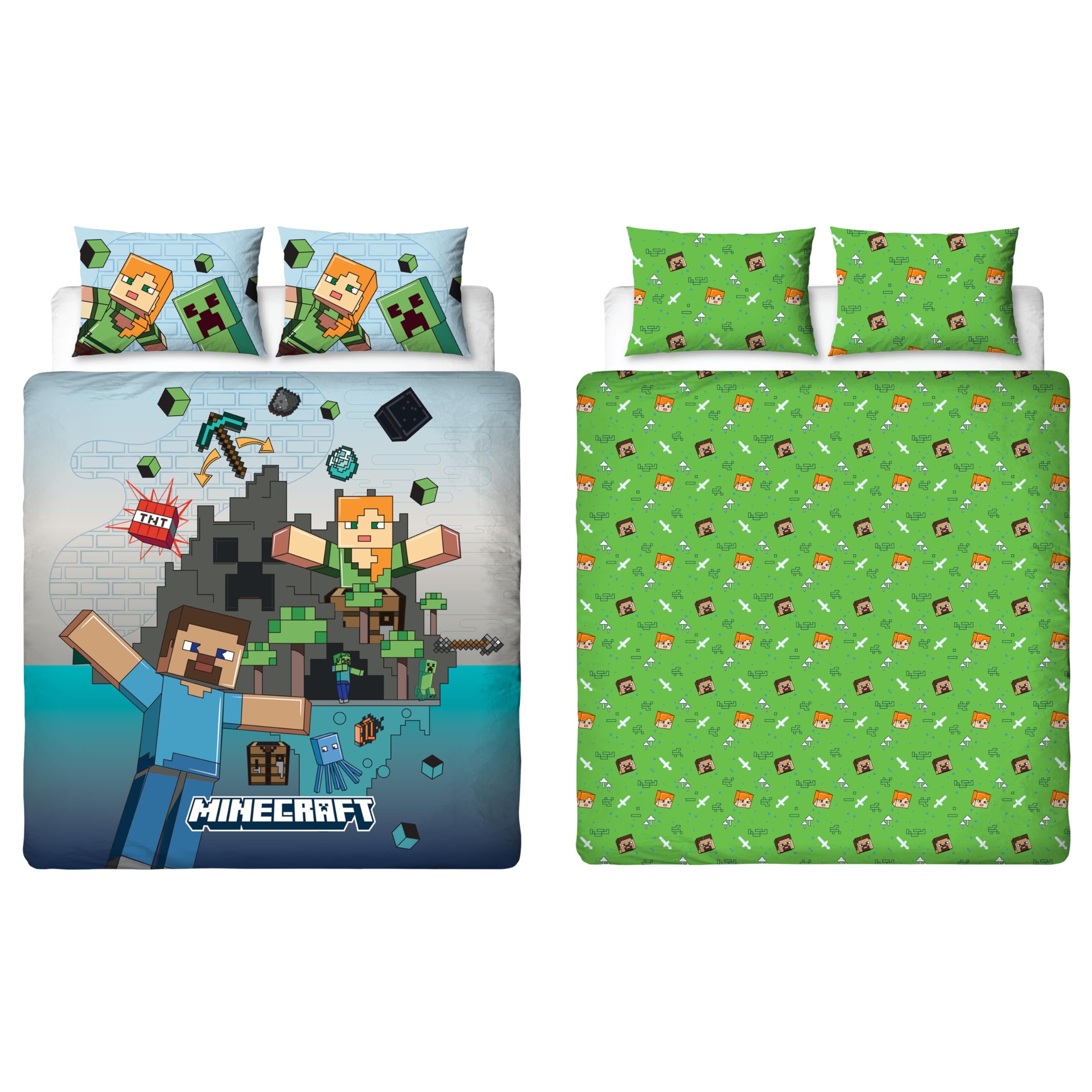Character World Multicoloured Minecraft Officially Licensed Movie Double Duvet Cover Set | Reversible Level Design Duvet Cover Set 2 Sided Includes Matching Pillowcases | Double Set