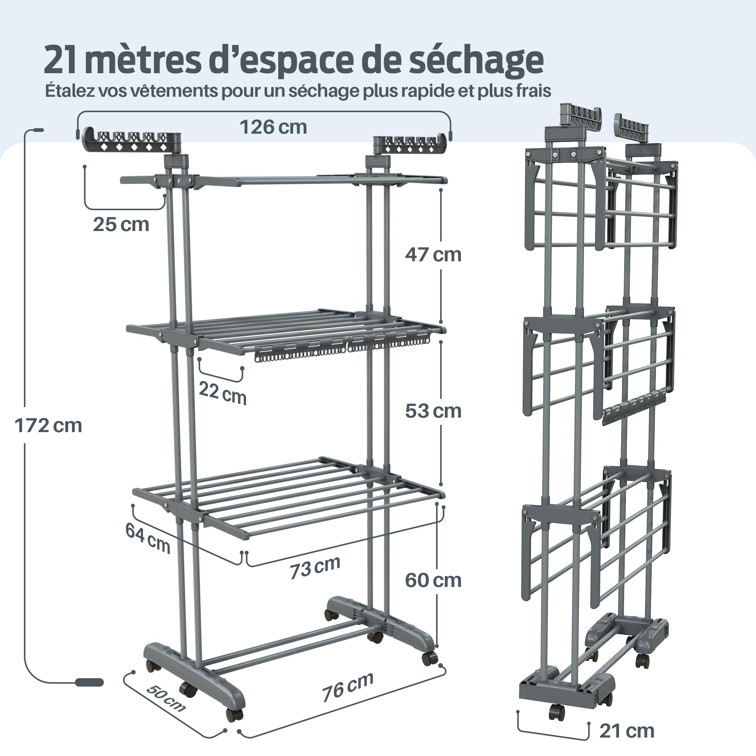 PORTENTUM Etendoir Linge Interieur et Exterieur Pliable avec 4 Niveaux et 24 Barres de séchage – Jusqu’à 40 kg – Seche Linge avec 2 Accessoires pour Chaussettes – roulettes pivotantes avec Frein