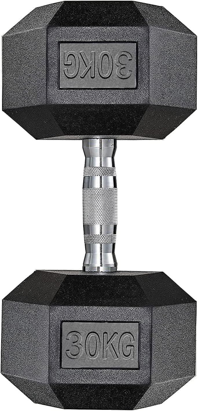 Set of 2 Hex Dumbbells, 10-25 kg, with Non-Slip Coating, Ergonomic Handles, Polygoma Short Dumbbell Set (1 x 30 kg - Black)