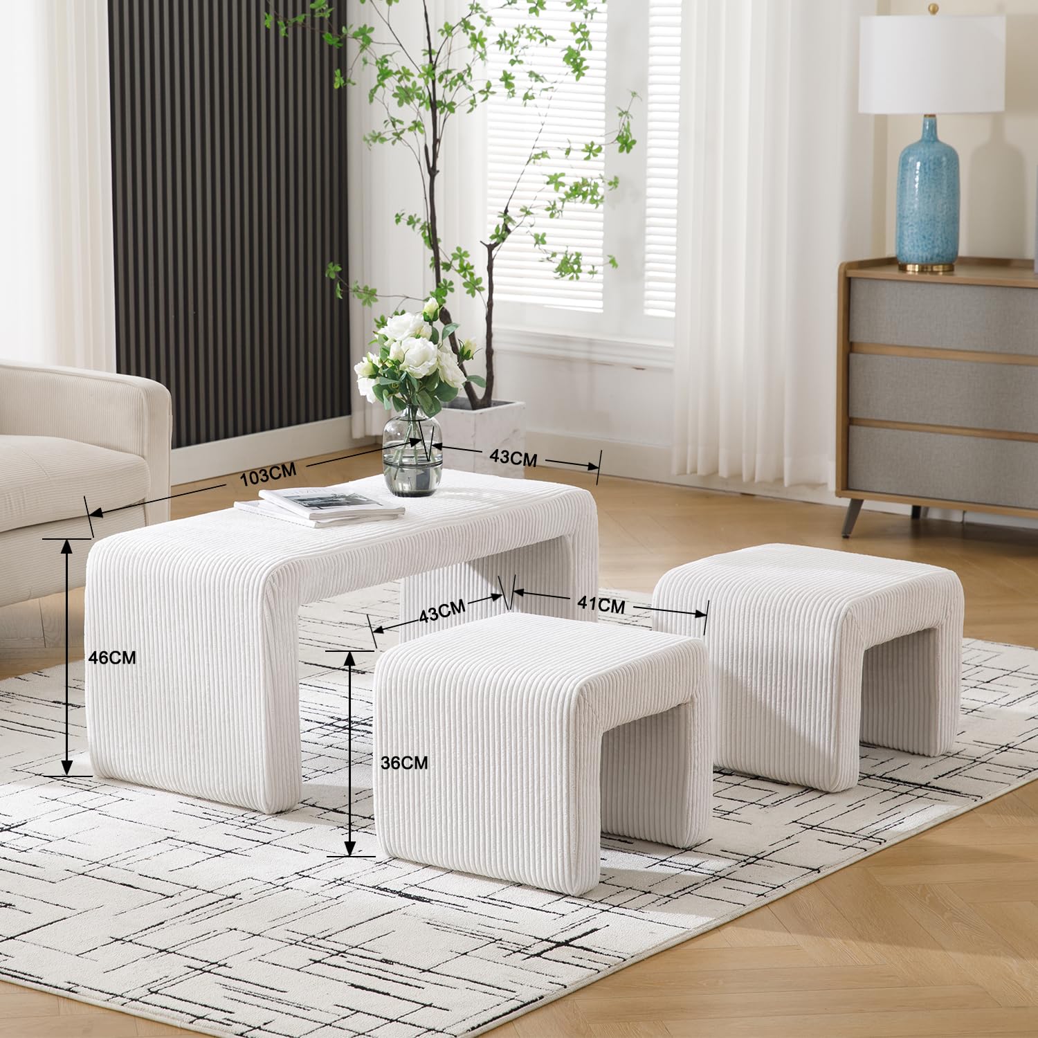 Wahson Banco de Entrada Moderno Banco de Recibidor Interior,Banco Otomano de Cama Elegante Banco Corderoy con 2 Reposapies para Salón/Dormitorio,Blanco