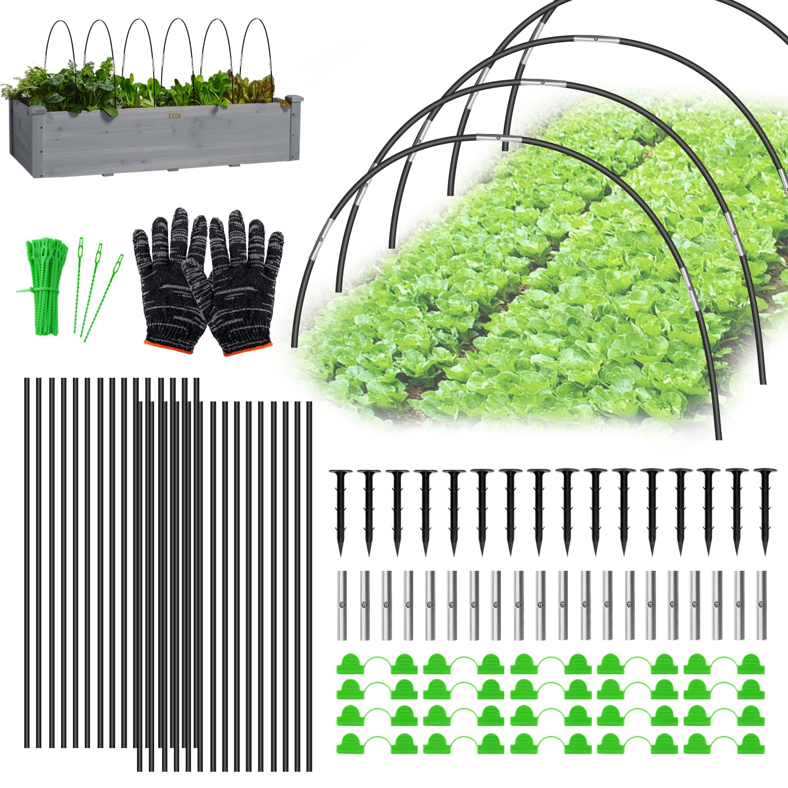 30 Piezas Arcos Invernadero, Aros Invernadero Tunel de Plantas DIY, Juego de Arcos de túnel con Anclajes de Tierra/Guantes/Clips/Ataduras/Tubos de conexión, para Camas elevadas, Patios
