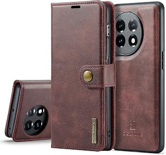 Phone Wallet Case Compatible with Oneplus 11 - Genuine Leather Magnetic Flip Cover with Card Holder, Magnetic Detachable Cover, Kickstand | Retro Folio Flip Design Red
