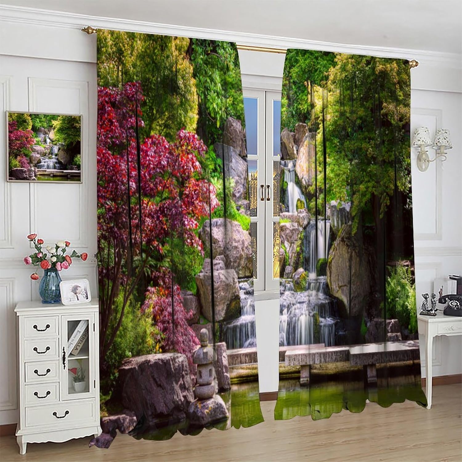 Landscape Curtains, Japanese Green Garden Flower Waterfall Window Treatments, Rod Pocket Thermal Insulated Drapes 2 Panel Sets for Bedroom Living Room Kitchen, 42" W x 45" L【Decor】