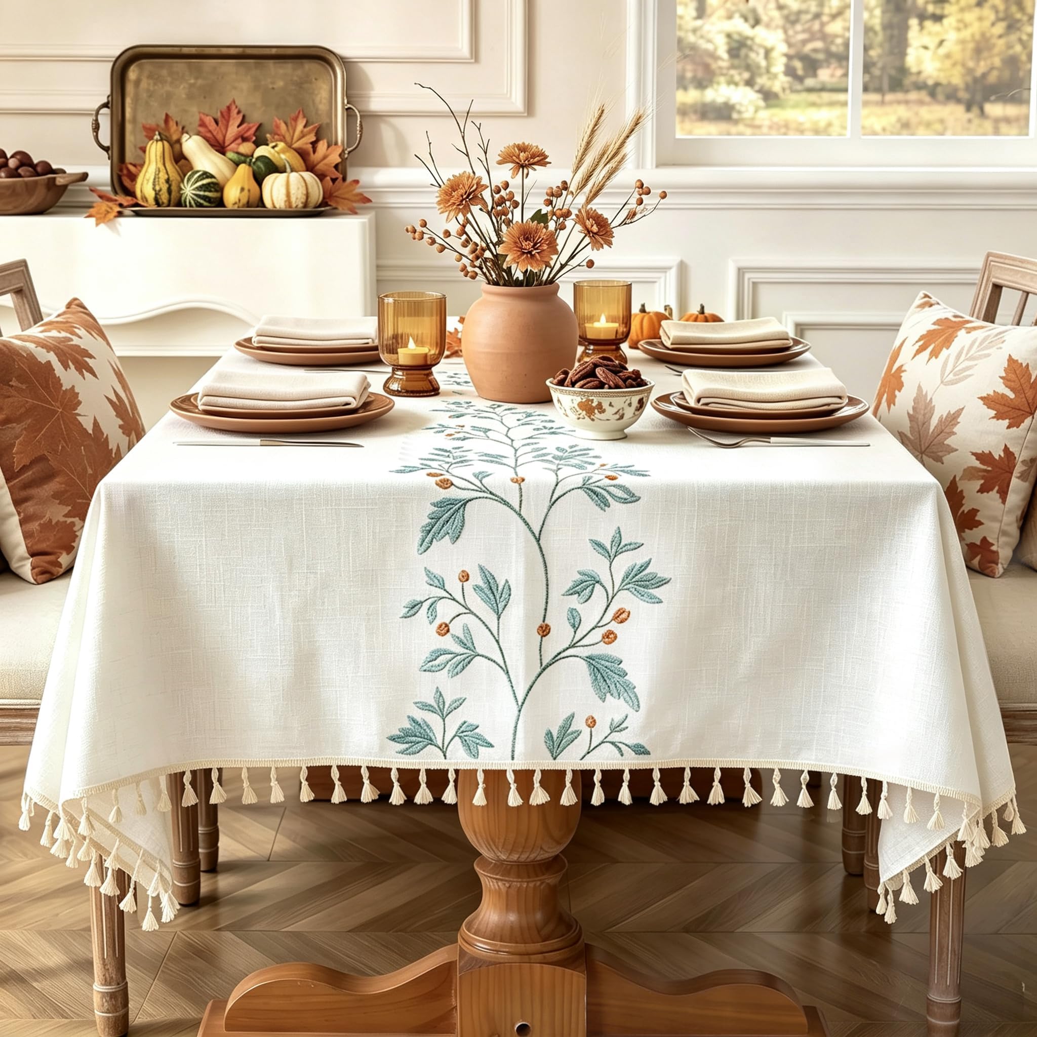 Laolitou Cotton Linen Waterproof Tablecloth for Dining Table Rustic Farmhouse Kitchen Rectangle Table Cloth Coffee Table Cover, Beige, Green Coffee Flower, 55x86 Inch