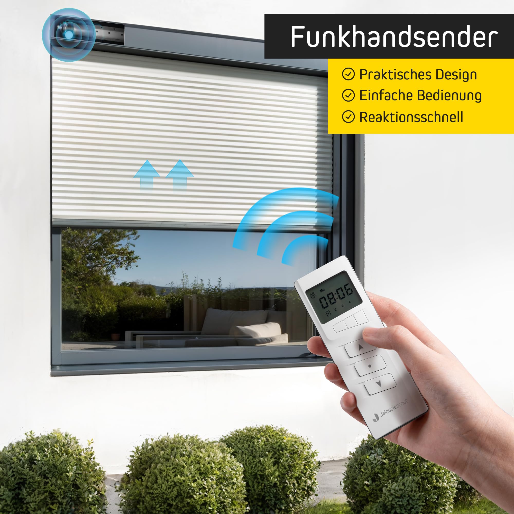Jalousiescout Elektronischer Funk-Rollladenmotor MK 20/17 Zugkraft 20 Nm 42 kg SW60 mit Thermoschutz Plus 4-Kanal Handsender Timer MKT 04 mit integrierter Zeitschaltuhr, inkl. Wandhalterung