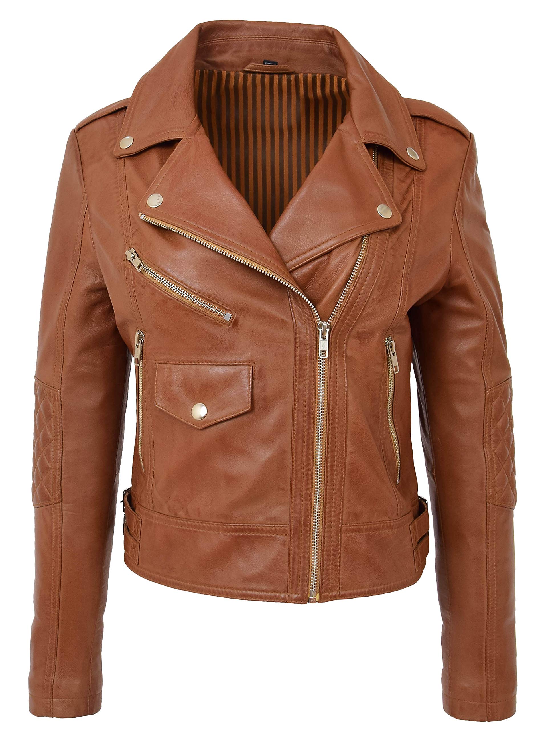 Womens Real Leather Biker Cross Zip Fashion Jacket Slim Fit Style Remi (10, Tan)