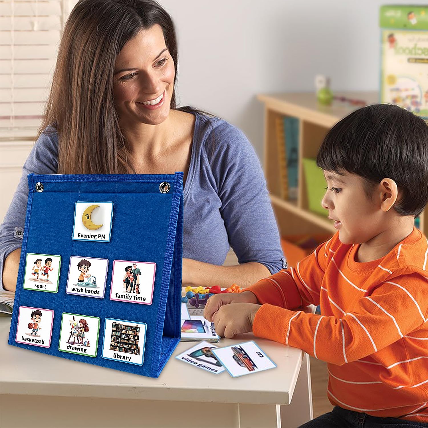 Tabla de Tareas para Niños, Horario Visual Niños con 96 Tarjetas, Tabla de Rutinas de Tareas Diarias para Autismo, Tarjetas de Horario Visuales con Pared Trasera y Cierre de Velcro (GHJ094a)