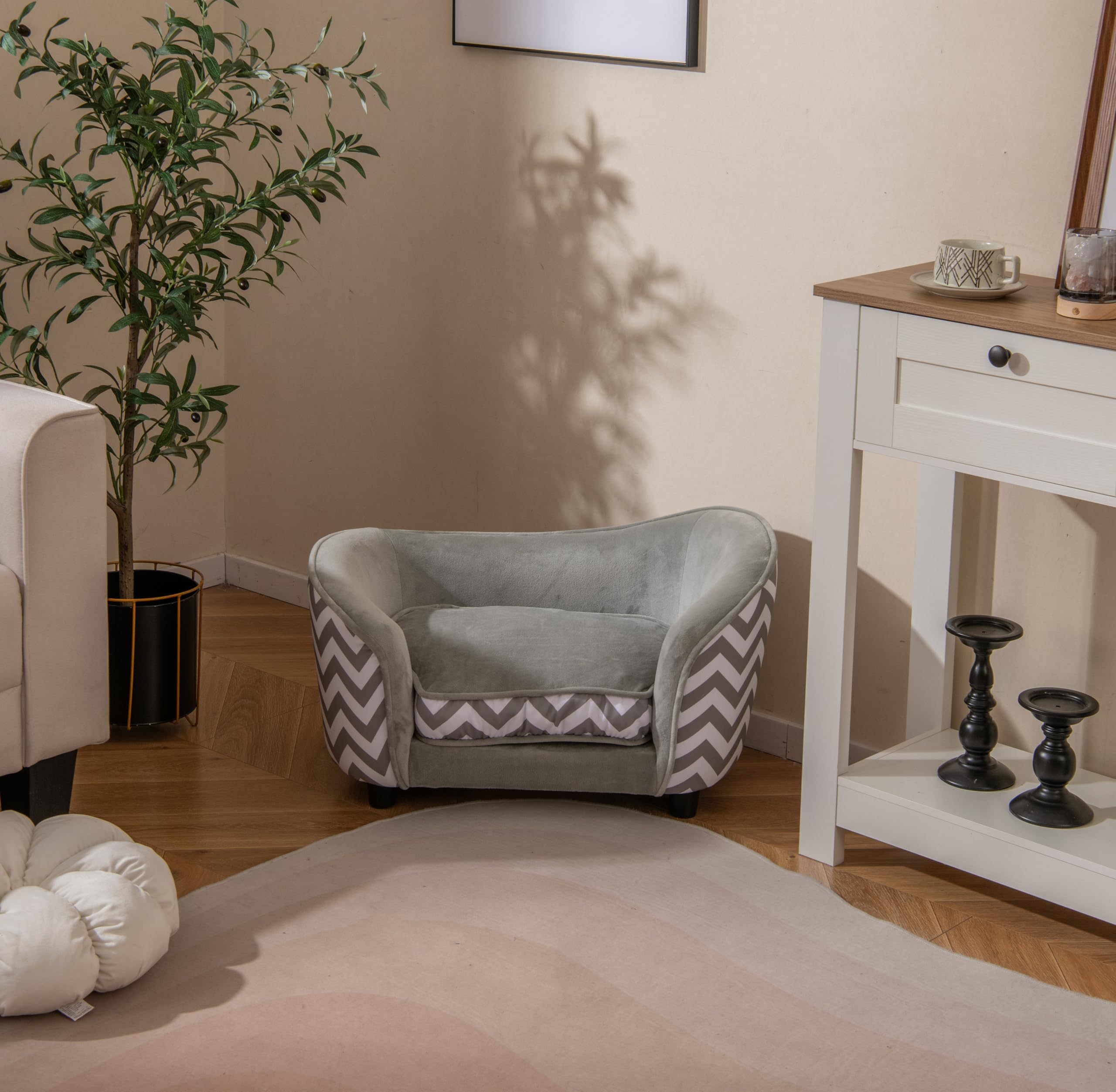 GOPLUS Panier Chien avec Dossier et Accoudoirs Incurvés, Cadre en Bois, Housse Amovible et Lavable, Gris, 50 KG