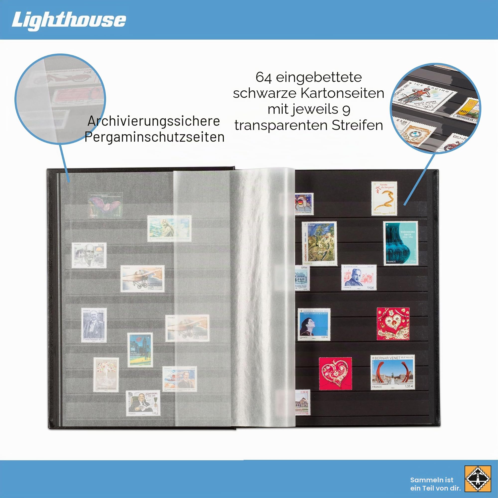 Leuchtturm 306438 Briefmarken-Sammelalbum Comfort - DIN A4, 64 Seiten, Pergaminstreifen, wattierter Einband - grün