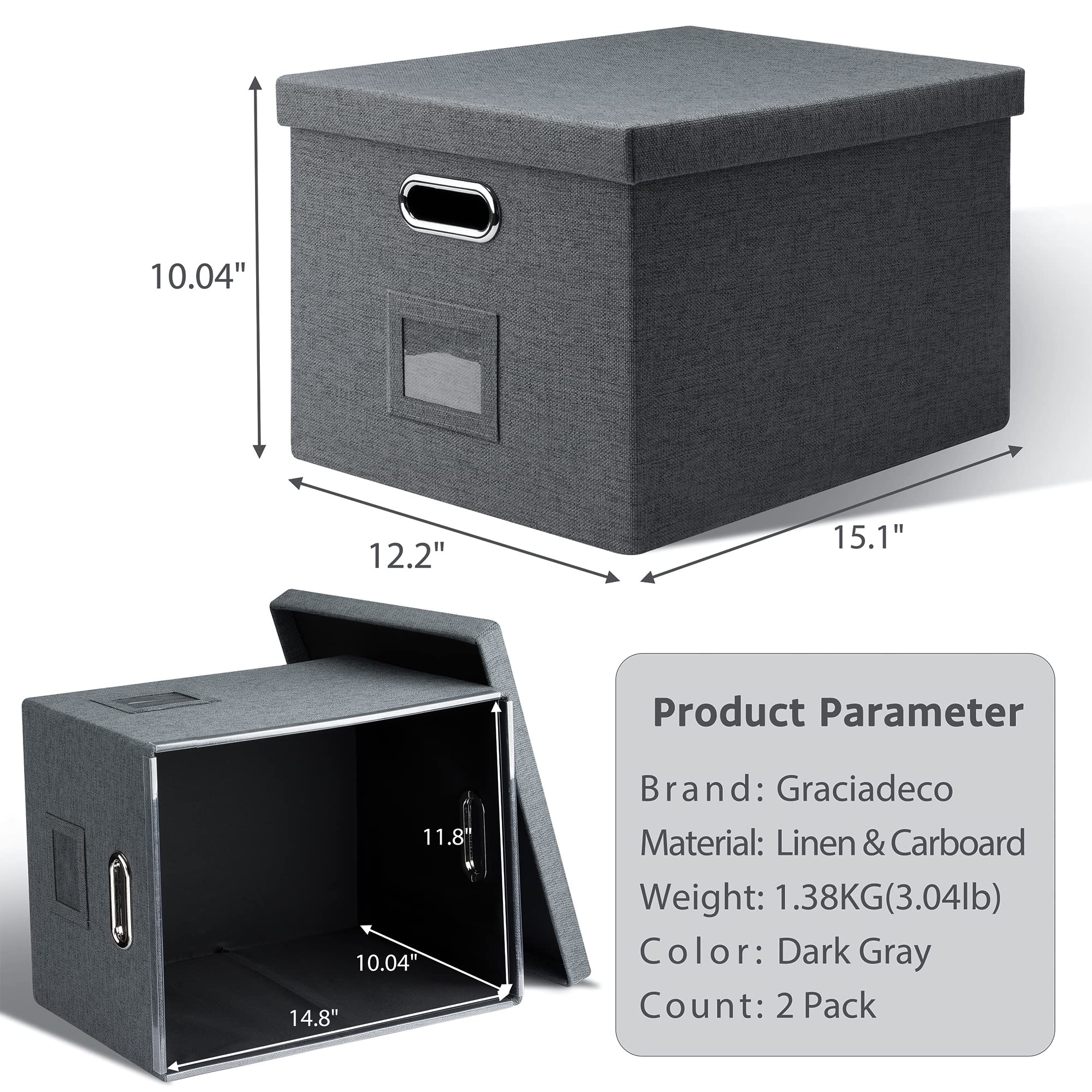 Graciadeco Caja organizadora de archivos, caja de almacenamiento plegable con tapa para carpetas colgantes de tamaño legal, caja decorativa de lino para archivos, contenedor de almacenamiento de