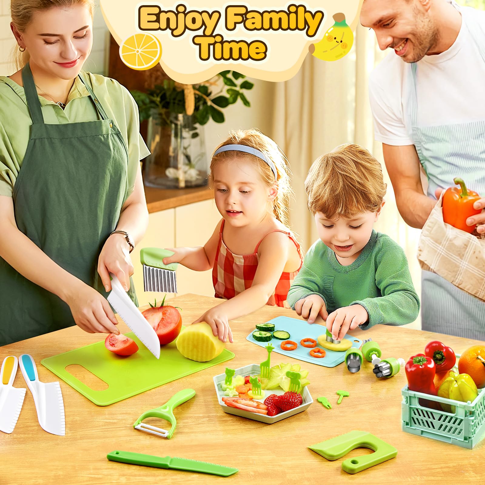 Couteaux de Cuisine pour Enfants Kit, 26 Outils de Cuisine pour Enfants, Comprenant un Couteau de Chef, un Coupe-fruits, un Panier de Rangement et Plus Encore, Parfait pour les Petits Chefs