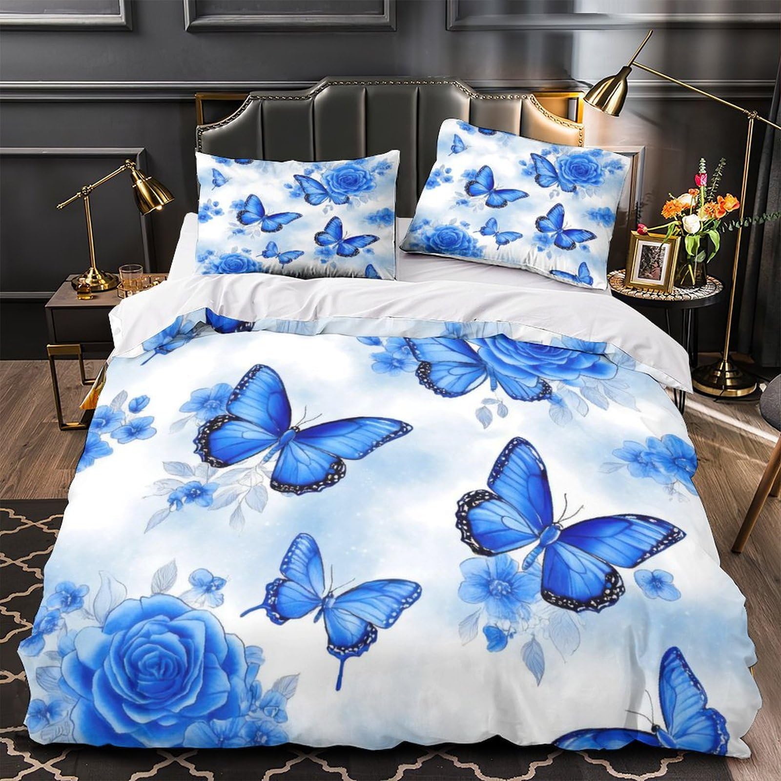 Parure de lit microfibre 260x220 cm avec housse de couette imprimé 3D branches fleuries pour couple