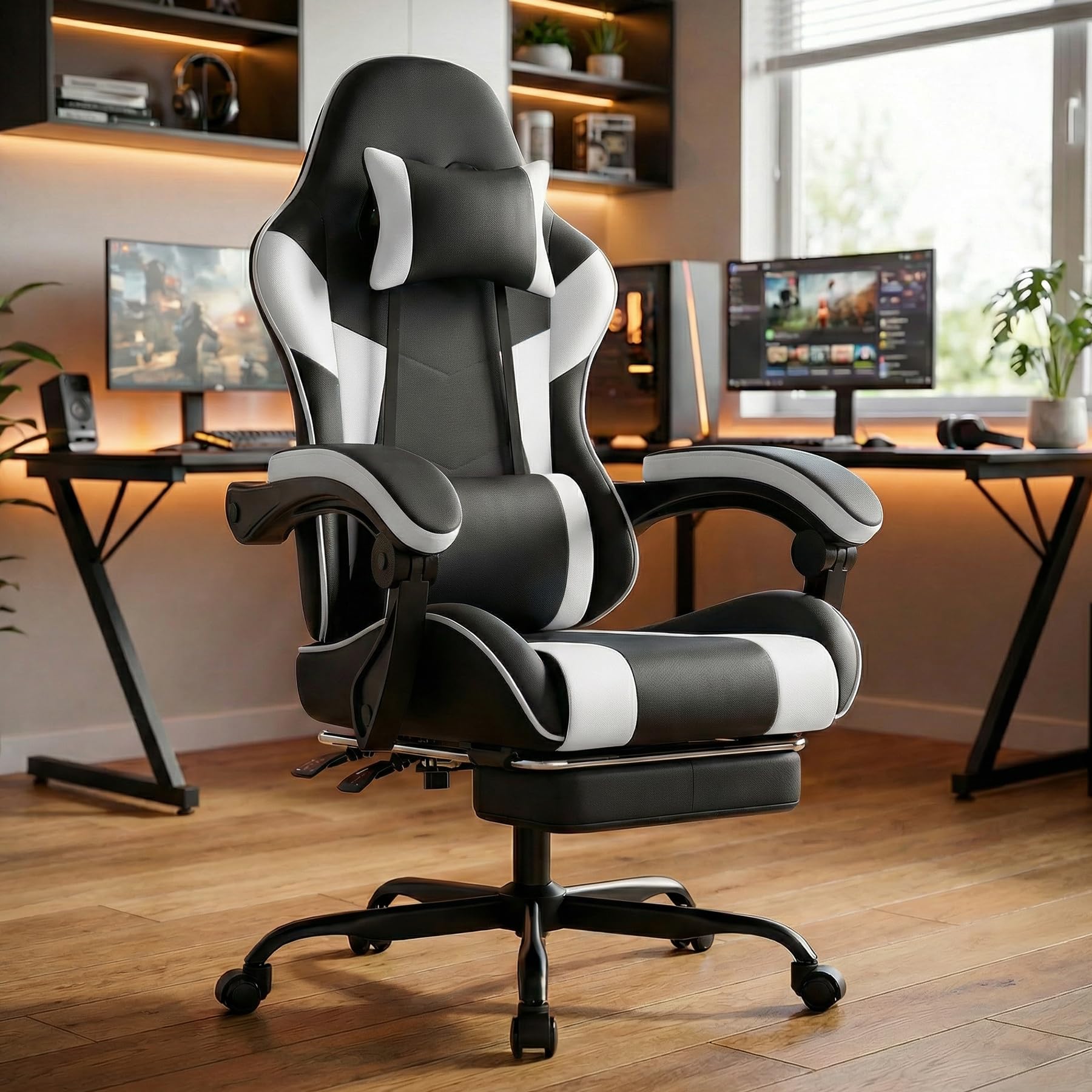 vutizal Sedia da gaming ergonomica con supporto lombare – Sedia da ufficio in pelle PU con schienale regolabile e poggiapiedi – Fino a 200 kg – Nero/Bianco