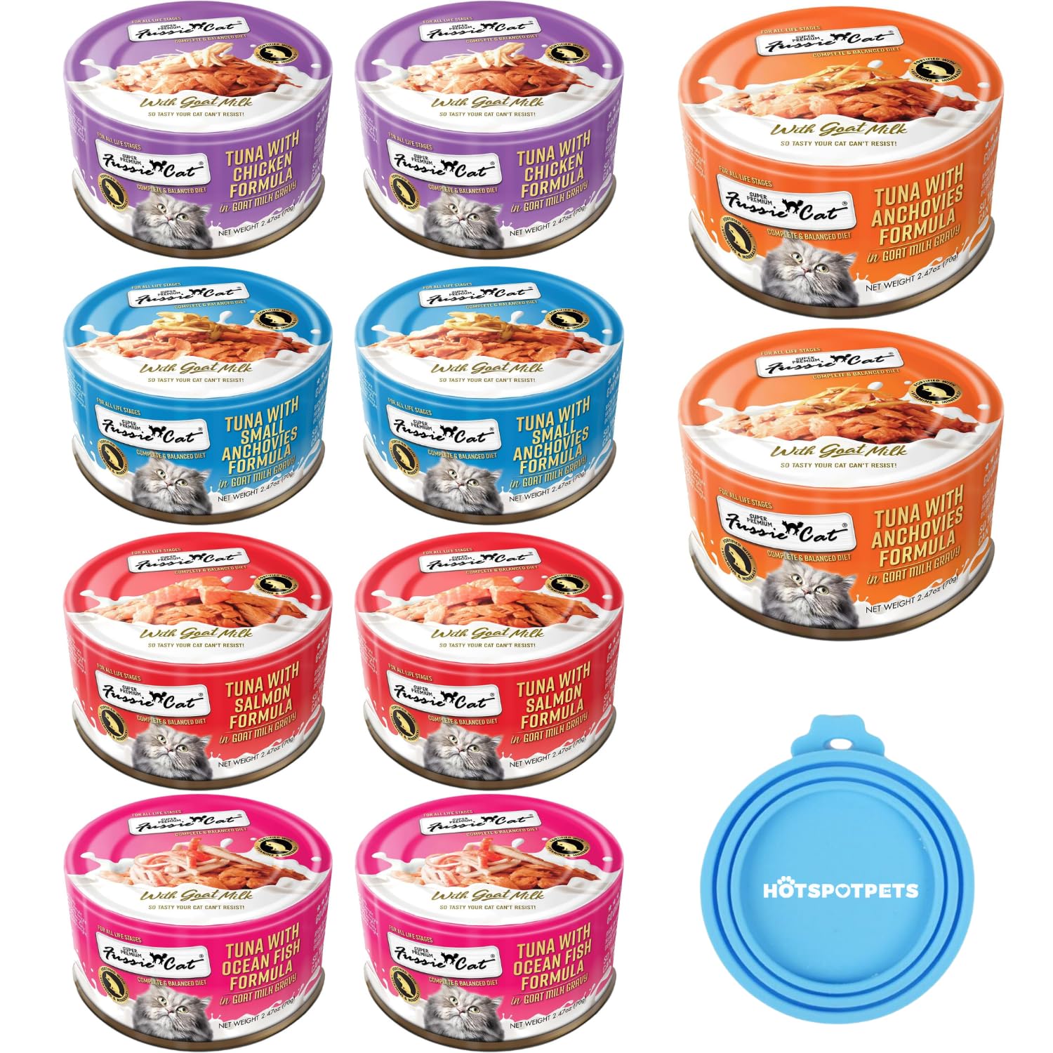 Fussie Cat Super Premium Canned Wet Cat Food in Goat Milk Gravy -2.47 oz Cans - Variety Pack of 10 Cans - 5 Flavors -2 Each Plus Hotspot Can lid