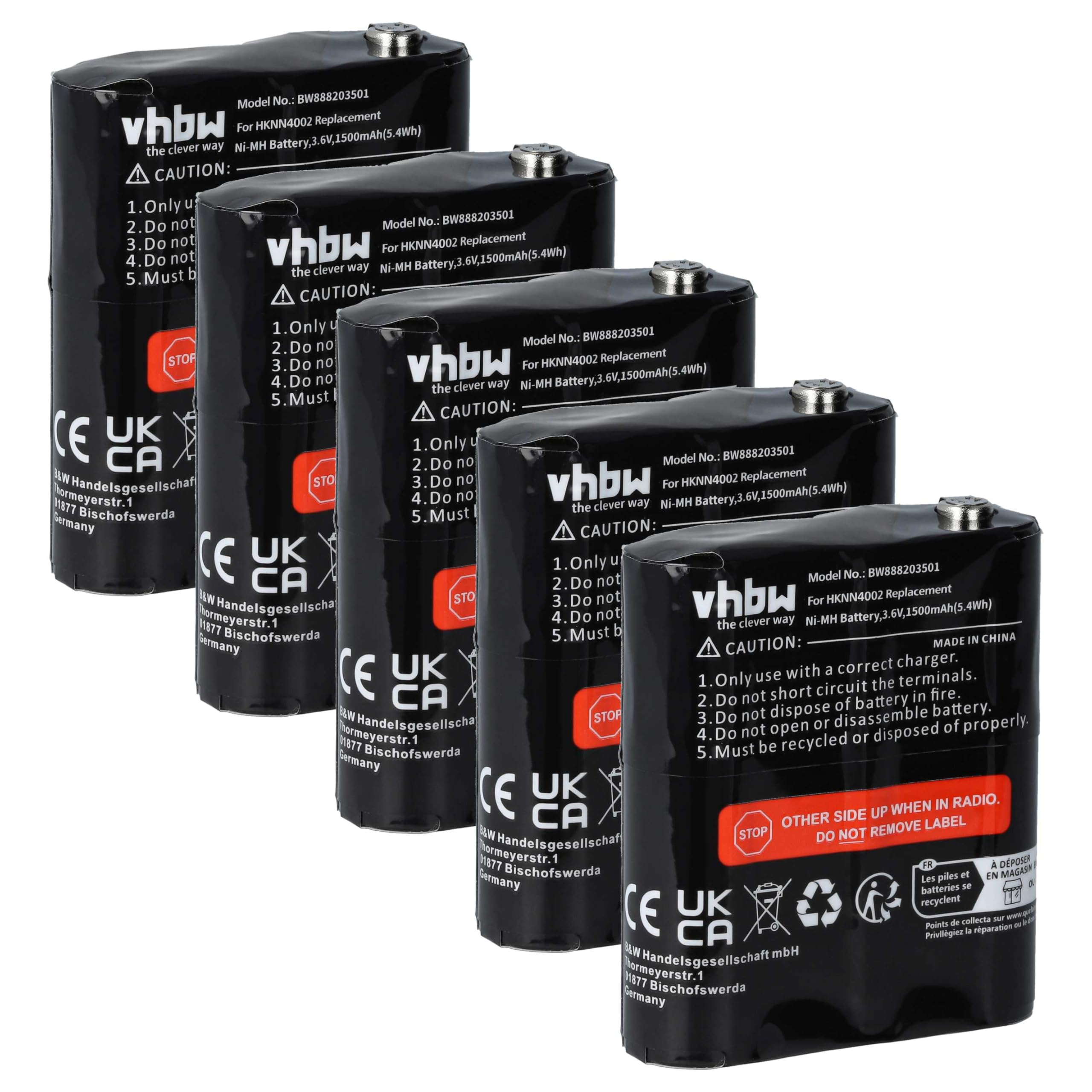 vhbw 5X Batterie Remplacement pour Motorola NNTN4385, PMNN4477, NNTN4384, PMNN4477A, PMNN4477AR pour Radio Talkie-walkie (1500mAh, 3,6V, NiMH)