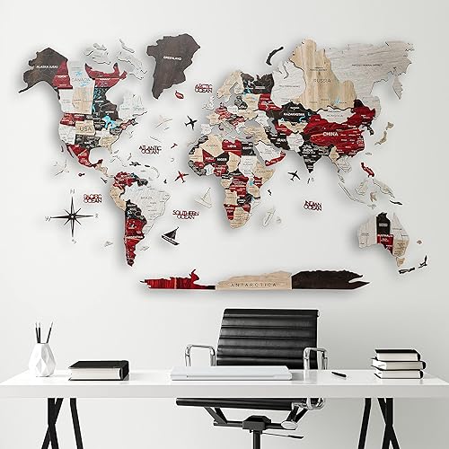 Miniatura 8 de Arte de pared de madera 3D hecho a mano con mapa del mundo, decoración de pared grande, rastrea tus viajes por el mundo, especial para el hogar, la