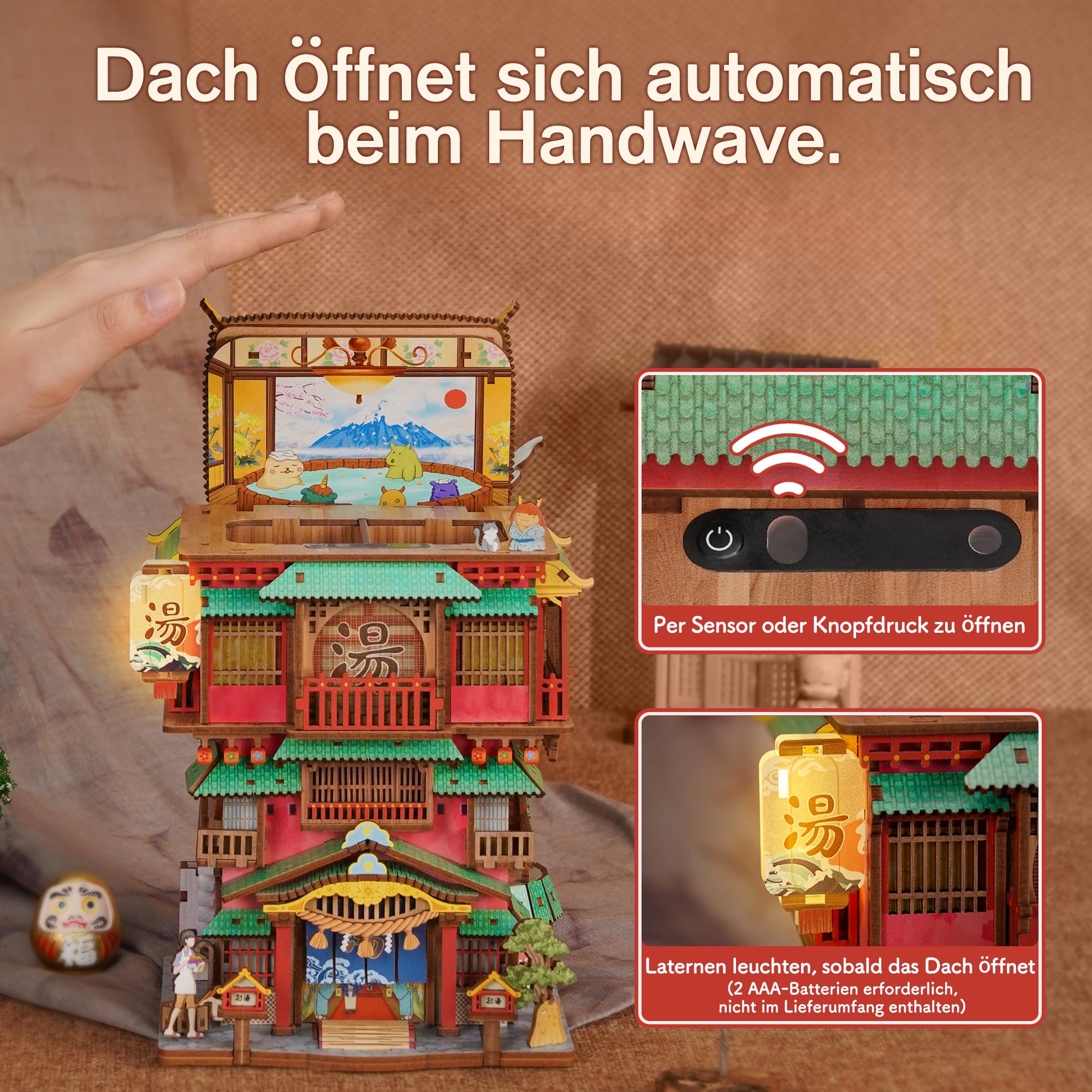 Tonecheer 3D Holz Modell Puzzle DIY Kit Spielzeug für Erwachsene Jugend Kinder Handwerk Luftschiff Auto Deckel Öffnung Desktop Lagerung Haus Geburtstagsgeschenk(Onsen Saga)