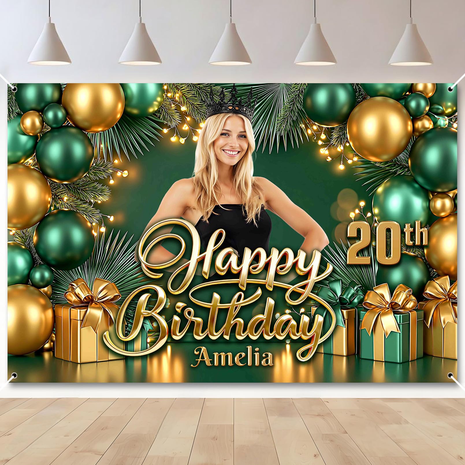 Custom Green Gold Birthday Banner Add Photo Name Age Party Banner Decor