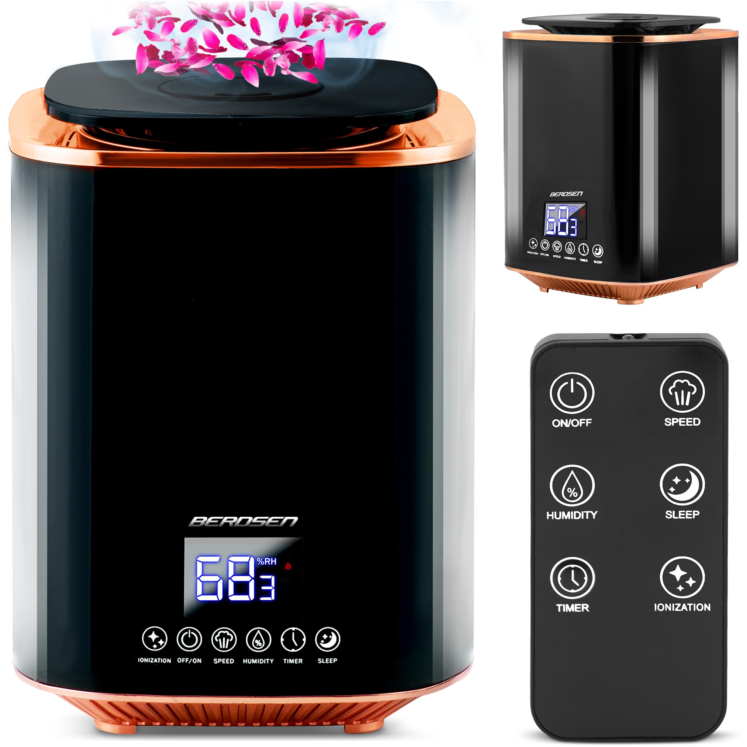Berdsen - Umidificatore ad ultrasuoni - con ionizzatore e diffusore di aromi - Pannello di controllo LED - Spegnimento automatico, nebbia fredda - Serbatoio dell'acqua 2,6 L - Silenzioso - per camera