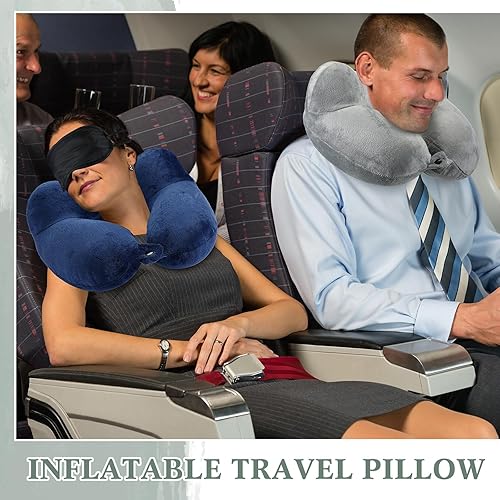 Miniatura 4 de Sintuff 4 juegos de almohadas inflables de viaje para aviones con bolsa compacta y almohada inflable de terciopelo con los ojos vendados para