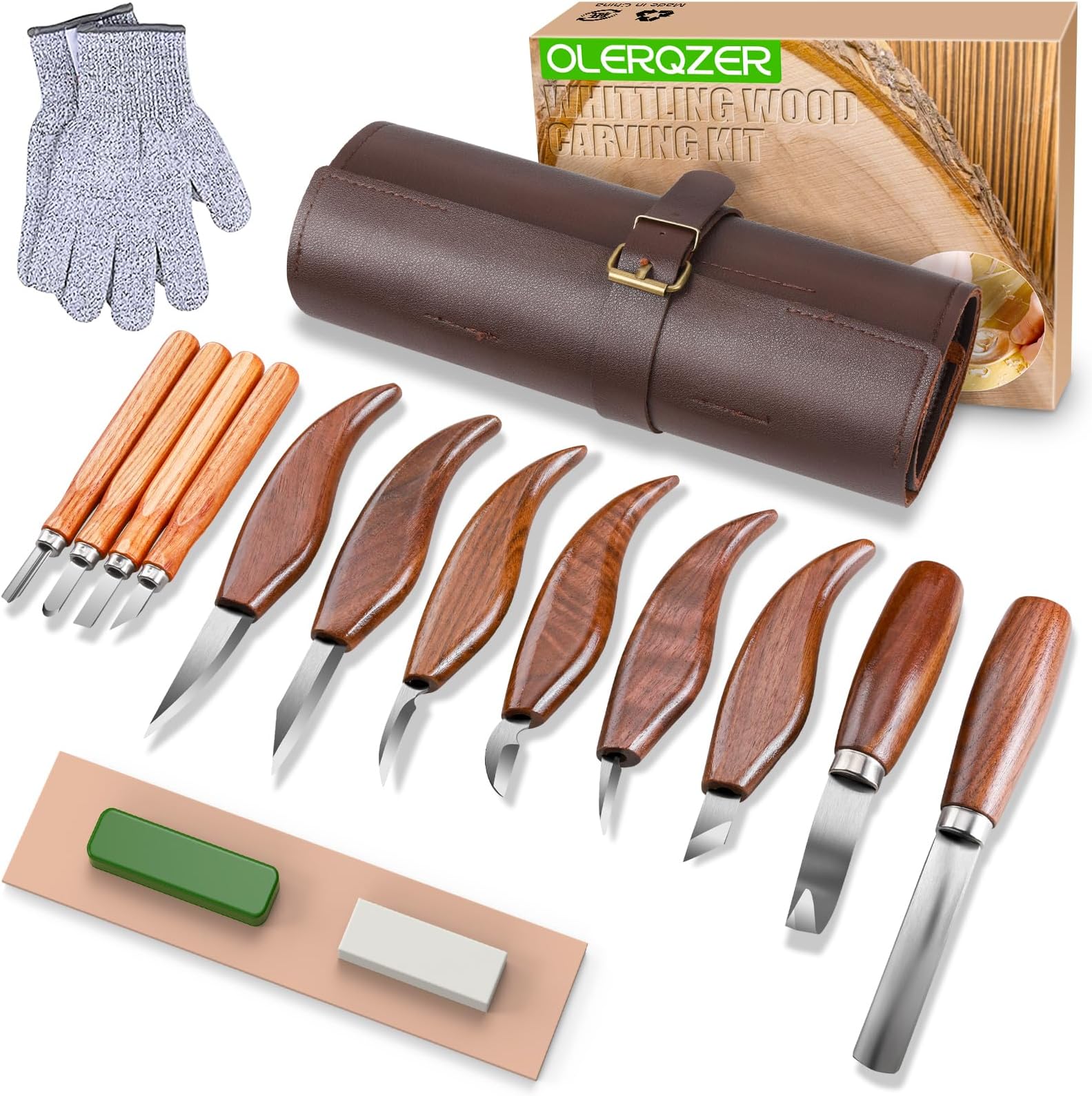 Olerqzer 26-in-1 Wood Carving Kit with Detail Wood Carving Knife, Whittling Knife, Wood Chisel Knife, Gloves, Carving Knife Sharpener for Spoon, Bowl, Kuksa Cup (15PCS Wood Carving Tools)