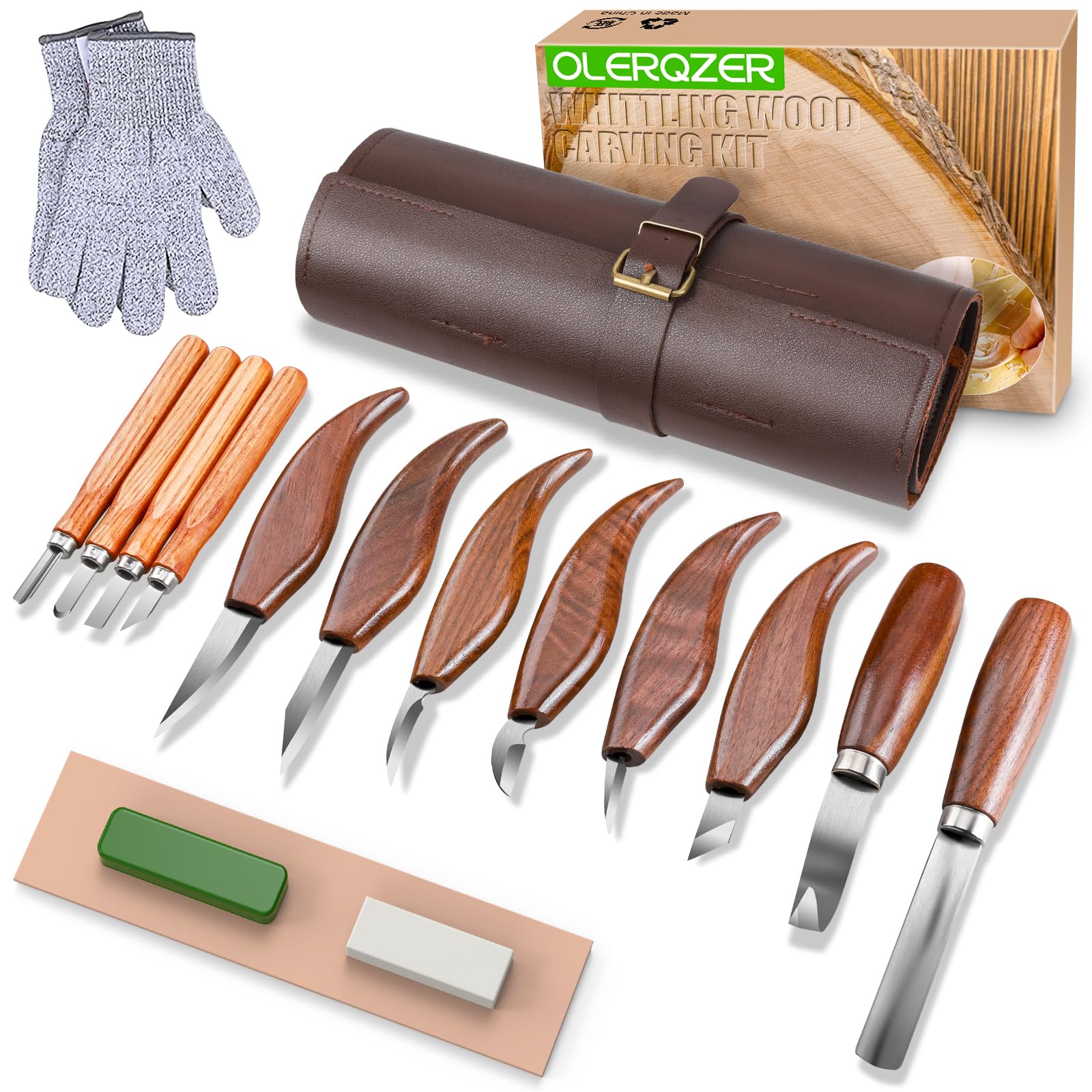 Olerqzer 26-in-1 Wood Carving Kit with Detail Wood Carving Knife, Whittling Knife, Wood Chisel Knife, Gloves, Carving Knife Sharpener for Spoon, Bowl, Kuksa Cup (15PCS Wood Carving Tools)